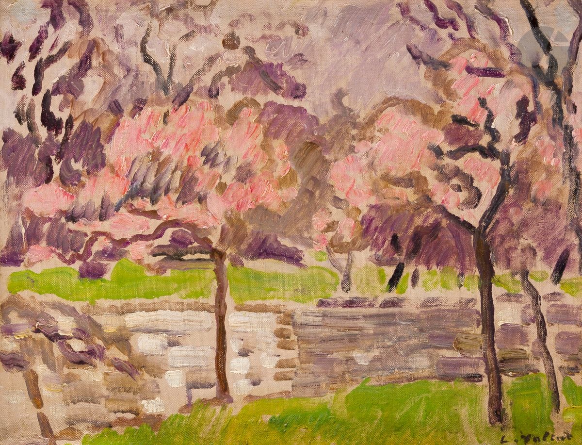 Louis VALTAT (1869-1952)
Verger au printemps, vers 1938
Huile sur toile contrecollée sur toile.
Signée en bas à droite.
27 x 35 cm

Provenance :
Collection de Monsieur S., Loir-et-Cher.