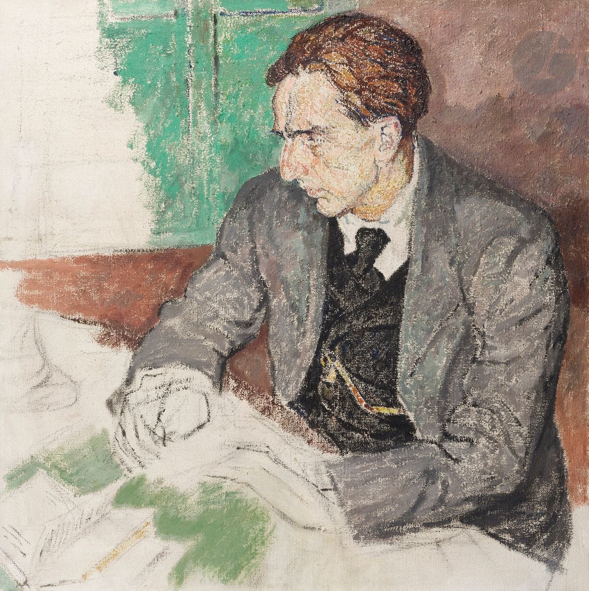 Mela MUTER (1876-1967)
Raymond Lefebvre, unfinished portrait, circa 1917-1920
Oil on canvas.
Signed on the back.
93 x 93 cm

We would like to thank Mrs. Urszula Lazowski for the information she provided.

Mela Muter met Raymond Lefebvre in 1917 and maintained an intimate relationship with him until his death in 1920. He disappeared while on delegation to the Third International in Moscow.
There are a few unfinished portraits of Muter from the same period: Portrait d'Ambroise Vollard and Stefan Zeromski.