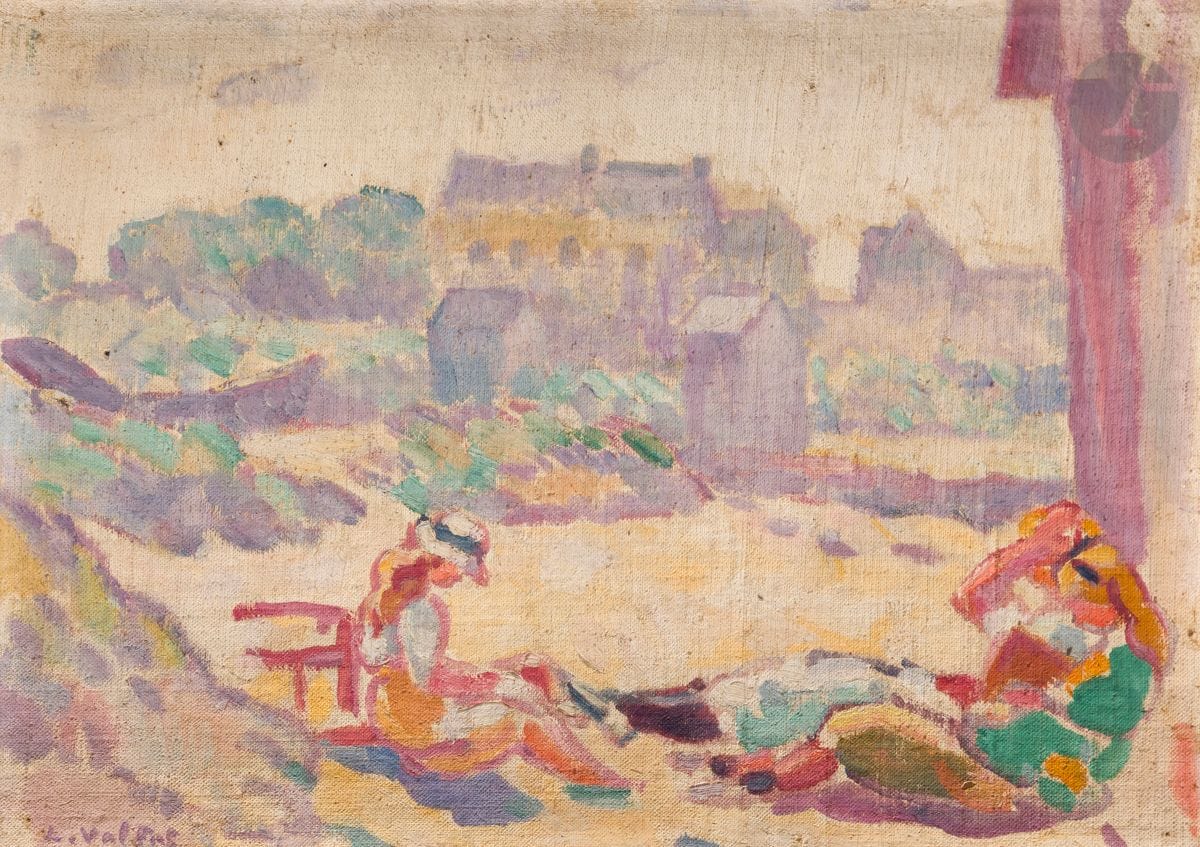Louis VALTAT (1869-1952)
Lecture sur la plage, vers 1918
Huile sur toile contrecollée sur toile.
Signée en bas à gauche.
24 x 33 cm