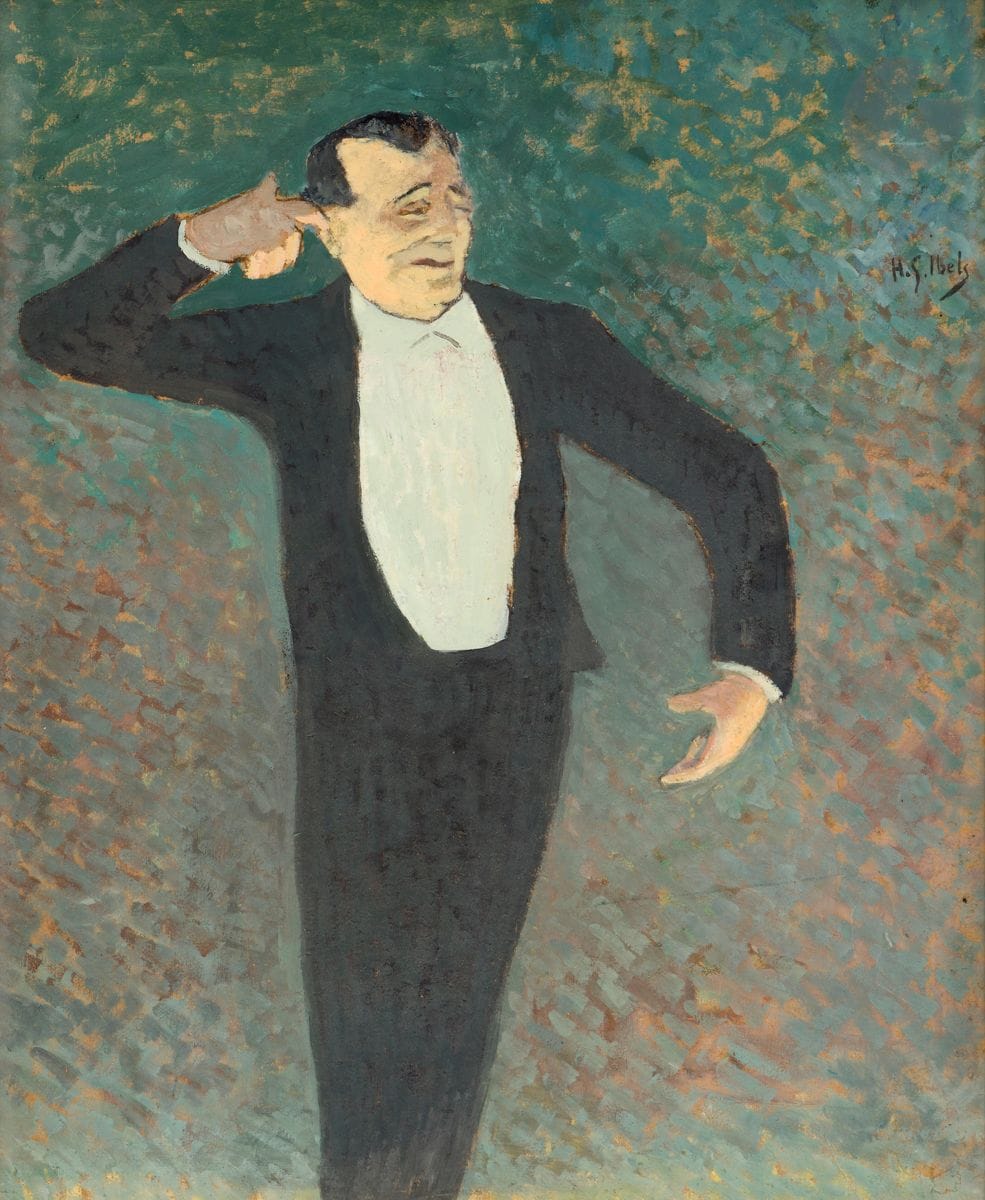 Henri-Gabriel IBELS (1867-1936)
Paulus, 1893
Huile sur carton.
Signée en haut à droite.
48 x 40 cm

En 1889, à l’Académie Julian, avec son ami Paul Sérusier, Ibels est co-fondateur des « Nabis » - cercle dont font aussi partie Bonnard, Vuillard, Ker-Xavier Roussel et Maurice Denis.
Avec Toulouse-Lautrec, il hante les cirques et les cafés-concerts : ils illustrent à quatre mains l’album Le Café-Concert que publie L’Estampe originale en 1893 et dont il dessine la couverture. Ses camarades le surnomment le « Nabi journaliste ». Il consacre effectivement une grande partie de son énergie à illustrer la presse anarchiste (Le Père peinard, L’Escarmouche, Le Sifflet ainsi que plein d’autres titres comme l’Assiette au beurre). Il se passionne pour l’imprimé, qu’il soit affiche, partition de musique, ou programme de théâtre.
Paulus est la première grande star du café-concert. Ibels dessine pour lui une affiche et en fait le sujet d’une de ses planches pour le portfolio Le Café-Concert. C’est dans exactement la même pose, assez originale d’ailleurs, qu’il le représente dans notre tableau, ce qui permet de la dater de 1893. Il est sur scène, en pleine lumière, sur un fond vibrant de dégradés qui nous indique que nous sommes dans un des établissements estivaux des jardins des Champs-Elysées - probablement l’Alcazar d’été. Notre toile fut exposée à l’exposition personnelle que lui consacra la Bodinière en 1894 (tampon sur le cadre d’origine aujourd’hui disparu) ; un rare témoignage de son talent, dans un style très proche de celui de ses camarades nabis, qu’il a hélas trop peu exploité.
