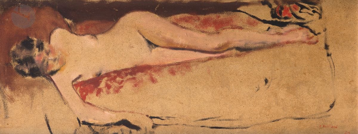 Edouard VUILLARD (1868-1940)
Nude Woman with Red Sheet, circa 1894-1895
Oil and red chalk on cardboard.
Red studio stamp lower right (Lugt 2497a).
25.8 x 65.5 cm

Provenance:
- Artist's studio.
- Sale Palais Galliera, Paris, November 28, 1967, no. 91.
- Galerie Dina Vierny, Paris.
- Galerie d'Art Moderne, Basel, circa 1978.
- A.W. Jann, Basel.
- Sale Me Boisgirard, Hôtel Drouot, Paris, November 25, 1987, no. XX.
- Christie's sale, London, December 1, 1992, no. 119. 
- Private collection, Paris.

Bibliography : 
Antoine Salomon and Guy Cogeval with Mathias Chivot, Vuillard, the inexhaustible Glance: Critical Catalogue of Paintings and Pastels, Volume I, Skira, Wildenstein Institute, 2003, n°IV-200, reproduced p. 335 (as Etude de nu allongé).