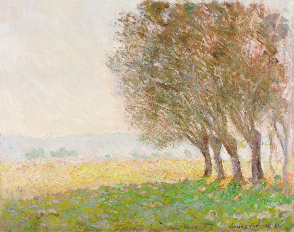 Claude MONET (1840-1926)
Les Saules, Giverny, 1886
Huile sur toile.
Signée et datée en bas à droite « Claude Monet 86 ».
73 x 92 cm

Provenance: 
- John Levy Galleries, New York.
- Durand-Ruel et Knoedler. Acquis auprès du précédent le 31 décembre 1923 pour 24.750 .
- Galerie Bernheim-Jeune, Paris, 1923.
- Collection Henri-Edmond Canonne, Paris, 1924.
- Collection Jacques Cannone, Paris.
- Vente Collection Jacques Canonne, Me Alphonse Bellier, Hôtel Drouot, Paris, 5 juin 1942, n° 20.
- Collection Baszanger. Acquis lors de cette dernière pour 500.000 F.
- Galerie Raphaël Gérard. Acquis auprès du précédent le 5 septembre 1944 pour 950.000 F (n° 22814 sur le châssis au dos du tableau).
- Galerie Henri Gaffié, Nice, 1948. 
- Succession de Madame B., Paris. Acquis en 1948 et resté dans la famille depuis.

Bibliographie :
- Arsène Alexandre, La Collection Canonne : une histoire en action de l’impressionnisme et de ses suites, Paris, Éditions Bernheim Jeune et Renaissance de l’Art, 1930, p. 14. 
- Daniel Wildenstein, Claude Monet, Biographie et Catalogue raisonné, Tome III : 1887-1898, Paris-Lausanne, La Bibliothèque des Arts, 1979, n° 1241, reproduit p.129 et 1991, T.V, n° 1241, p. 47, œuvre considérée comme peinte en 1889.
- Daniel Wildenstein, Monet, Catalogue raisonné, Tome III, Cologne, Taschen et Wildenstein Institute, 1996, n° 1241, reproduit p. 473, œuvre considérée comme peinte en 1889.

Nous remercions Madame Elizabeth Royer pour ses recherches de provenance concernant cette œuvre.