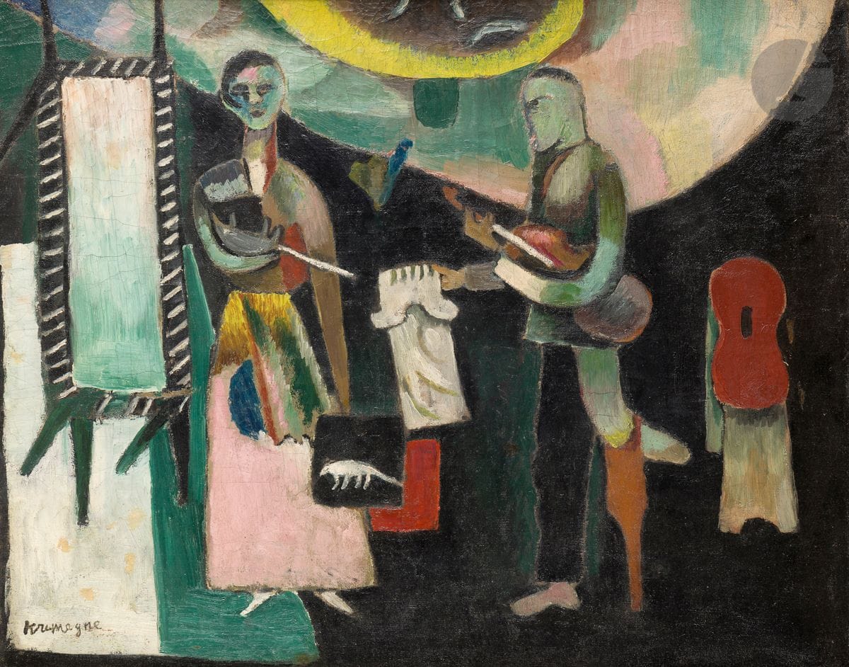 Pinchus KRÉMEGNE (1890-1981)
Le Musicien aveugle, 1916
Huile sur toile.
Signée en bas à gauche.
60 x 73 cm 

Provenance : 
- Collection Oscar Ghez, Genève.
- Collection particulière, Paris.
- Vente Europ Auction, Paris, 28 novembre 2011, n° 22.

Expositions : 
- Mane-Katz et son temps, Musée du Petit Palais, Genève, 9 octobre - 23 novembre 1969 (étiquette au dos sur le châssis).
- Paris pour École, Musée d’Art et d’Histoire du Judaïsme, Paris, 17 juin - 31 octobre 2021.
- Paris Magnétique 1905-1940, Jüdisches Museum, Berlin, 24 janvier - 19 mai 2023.

Bibliographie : 
Nadine Nieszawer et Deborah Princ, Artistes juifs de l’École de Paris 1905-1939, Paris, Éditions Somogy, 2015, reproduit p. 201.