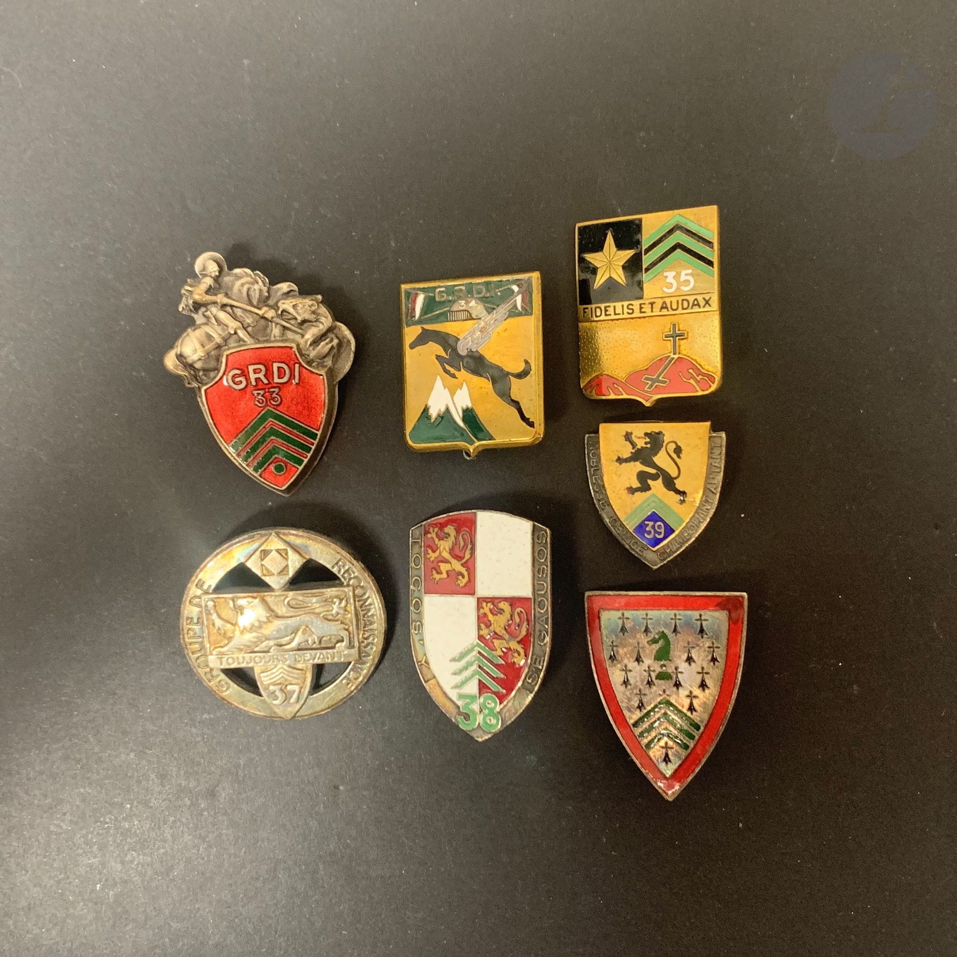 7 insignes de GRDI  : 28e Fraisse, 33e (Fraisse), 34e Drago Ber, 35e (Chobillon), 37e (AB), 38e poinçon AB, 39e poinçon AB.