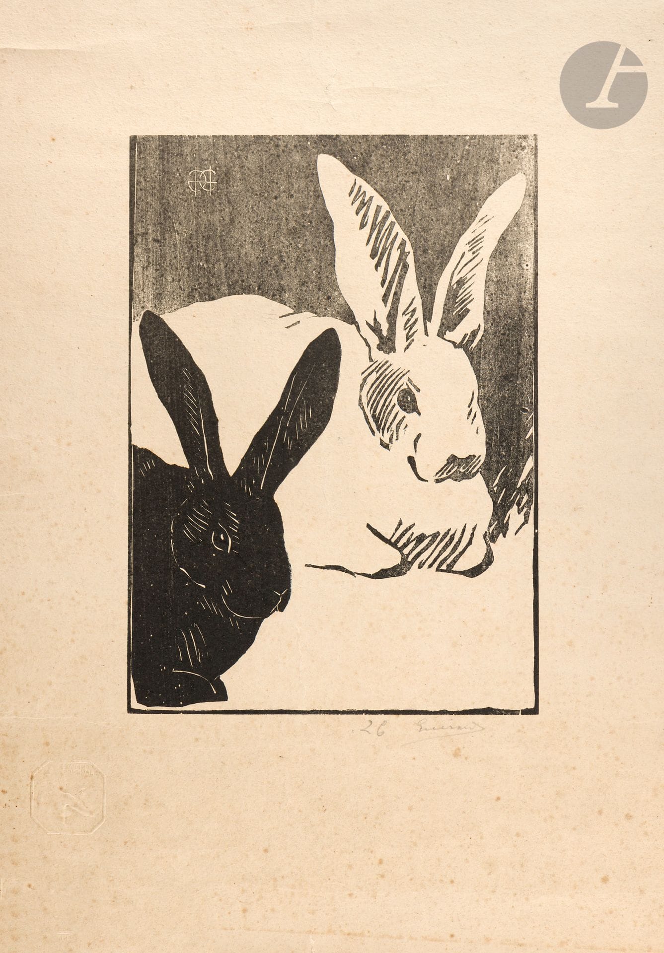 Henri Guérard (1846-1897)
Les Lapins. Avant 1892. Bois gravé. 230 x 328. Bertin 338. Bonne épreuve sur vélin fort ivoire, numérotée et signée au crayon. Plusieurs longues déchirures verticales marginales, consolidées au verso. Traces de plis et rousseurs éparses. Large manque dans l’angle supérieur gauche. Tirage à 100 épreuves. Timbre sec : L’Estampe originale (Lugt 819).