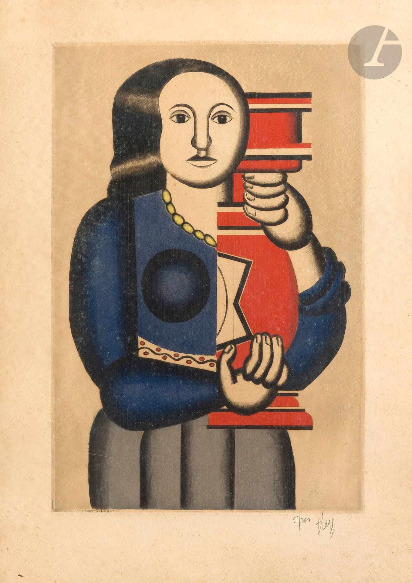 Fernand Léger (1881-1955) (after)
Woman with a jug. 1928. Engraved by Jacques Villon. 308 x 467. Ginestet and Pouillon 657. Printed in color. Fine proof on ivory vellum, numbered and signed in pencil by Léger. Oxidation of the folio and minor scattered foxing. Aureole of russet moisture in the lower right-hand corner of the folio. Full margins. Edition of 200 proofs. Bernheim-Jeune ed. Frame.