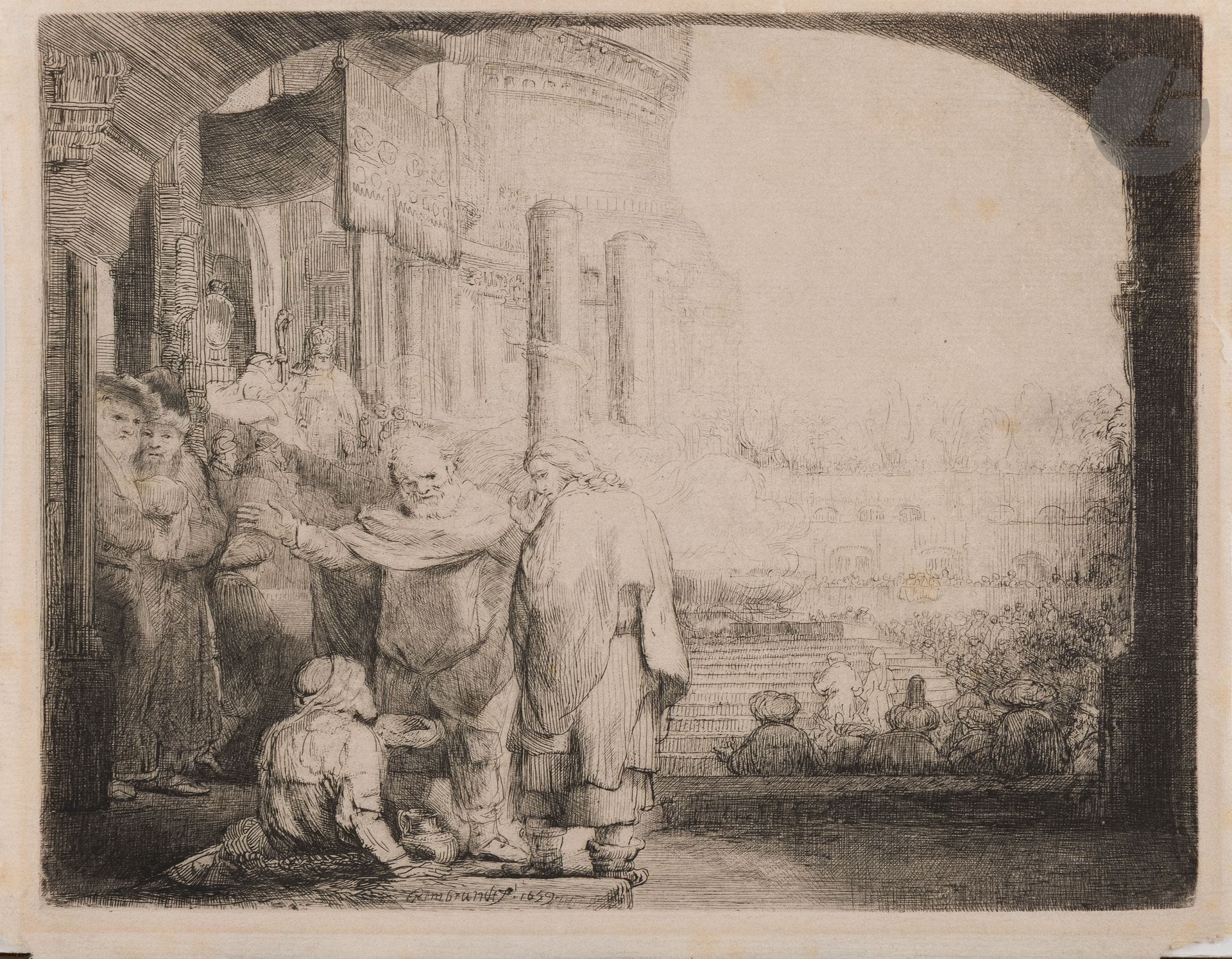 Rembrandt Harmensz. van Rijn (1606-1669)
Peter and John at the Temple Gate. 1659. Etching, drypoint and burin. 216 x 180. Bartsch 94; Hind 301; New Hollstein 312. Good proof on thin cream mechanical laid paper, the backgrounds very worn, of a print made by Jean (XIXth), with the new sizes in the lower right-hand corner of the subject. Small tears in the lower corners. Narrow margins.