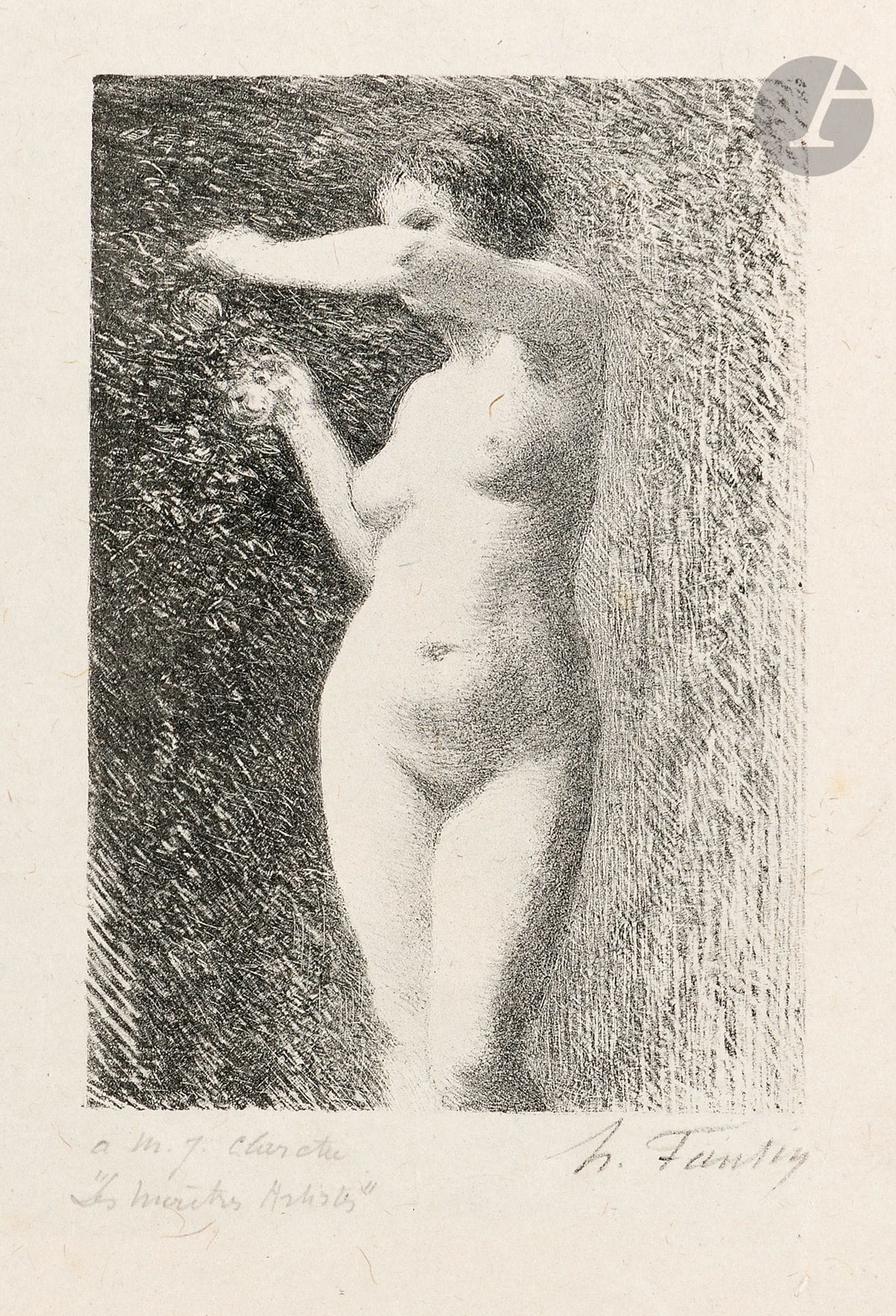 Henri Fantin-Latour (1836-1904)
À Berlioz (petite pl.). 1895. Autographie. 160 x 253. Hédiard-Mason 120. Belle épreuve sur chine volant, avec la portée musicale, le mot « Lélio » et la 2e signature lithographiée, du 3e état (sur 4), avant le titre et le nom de l’imprimeur, du tirage de luxe de la revue L’artiste (février 1895), dédicacée au crayon « a M. J. Claretie / ‘Les Maîtres Artistes’ ». Rousseurs claires éparses. Bonnes marges. Joint : Étude pour Ève. 1898. Lithographie. 122 x 180. Hédiard-Mason 147. Belle épreuve sur chine volant, du 2e état (sur 3), avant la lettre, dédicacée au crayon « a M. J. Claretie / ‘Les Maîtres Artistes’ », d’un tirage à 150 épreuves antérieur au tirage pour la Revue de l’Art ancien et moderne. Rousseurs claires éparses et courtes déchirures aux bords du feuillet. Bonnes marges. Ens. 2 p. 

Jules Claretie (1840-1913) est un homme de lettres, critique dramatique, historien et chroniqueur de la vie parisienne. Il fut membre de l’Académie française et publia beaucoup dans la presse sous son nom et sous divers pseudonymes.