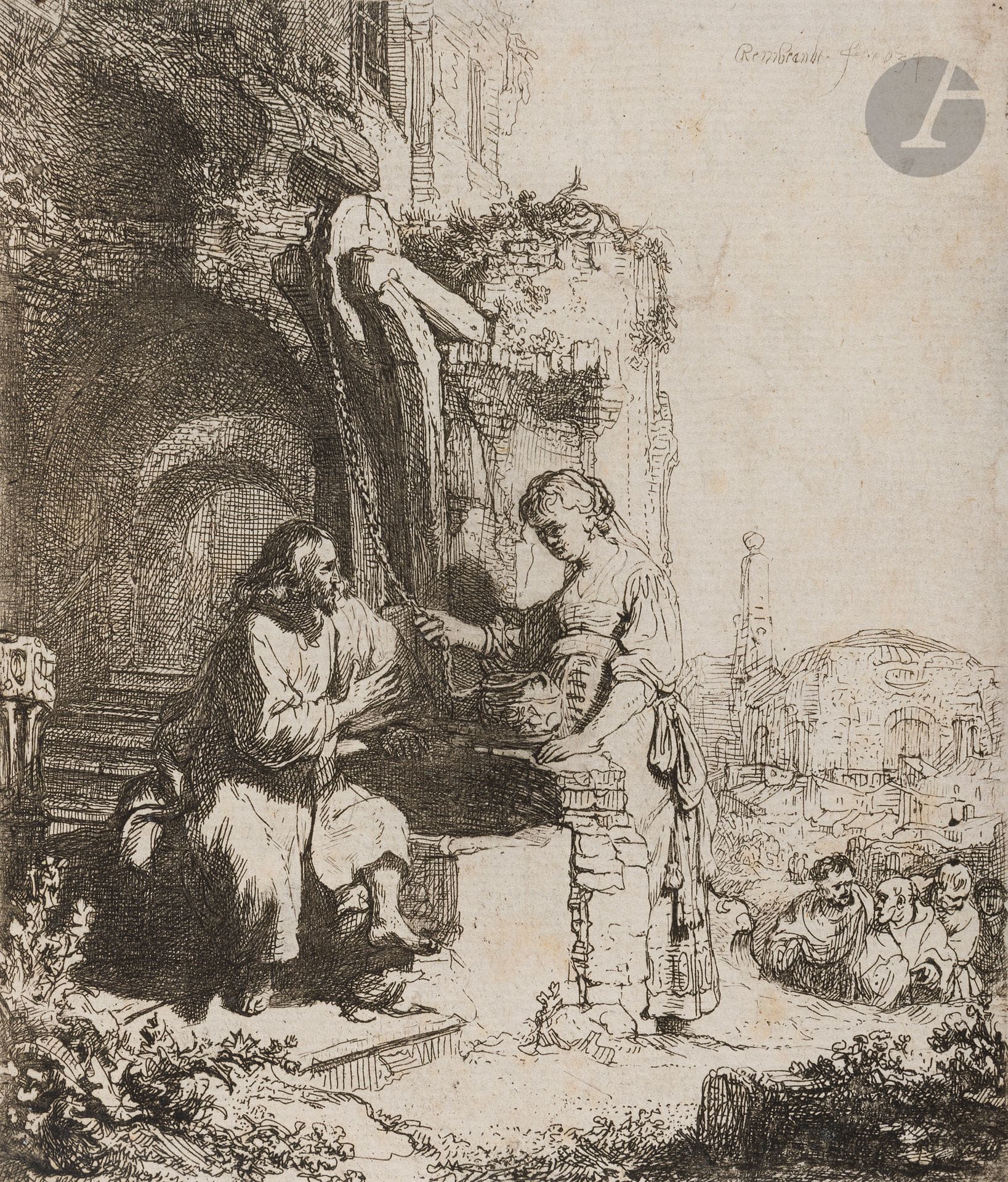 Rembrandt Harmensz. van Rijn (1606-1669)
Le Christ et la Samaritaine, en hauteur. 1634. Eau-forte. 105 x 122. Bartsch 71 ; Hind 122 ; New Hollstein 127. Belle épreuve sur vergé ancien mince, avant les retouches de Watelet et avant l’éraillure sur le mur du puits, rognée au sujet. Petites rousseurs claires. Amincissure dans le ciel et petite fracture anciennement restaurée. Autre amincissure dans la jambe droite du Christ, visible par transparence. Fine bande de kraft gommé en tête du feuillet au verso.