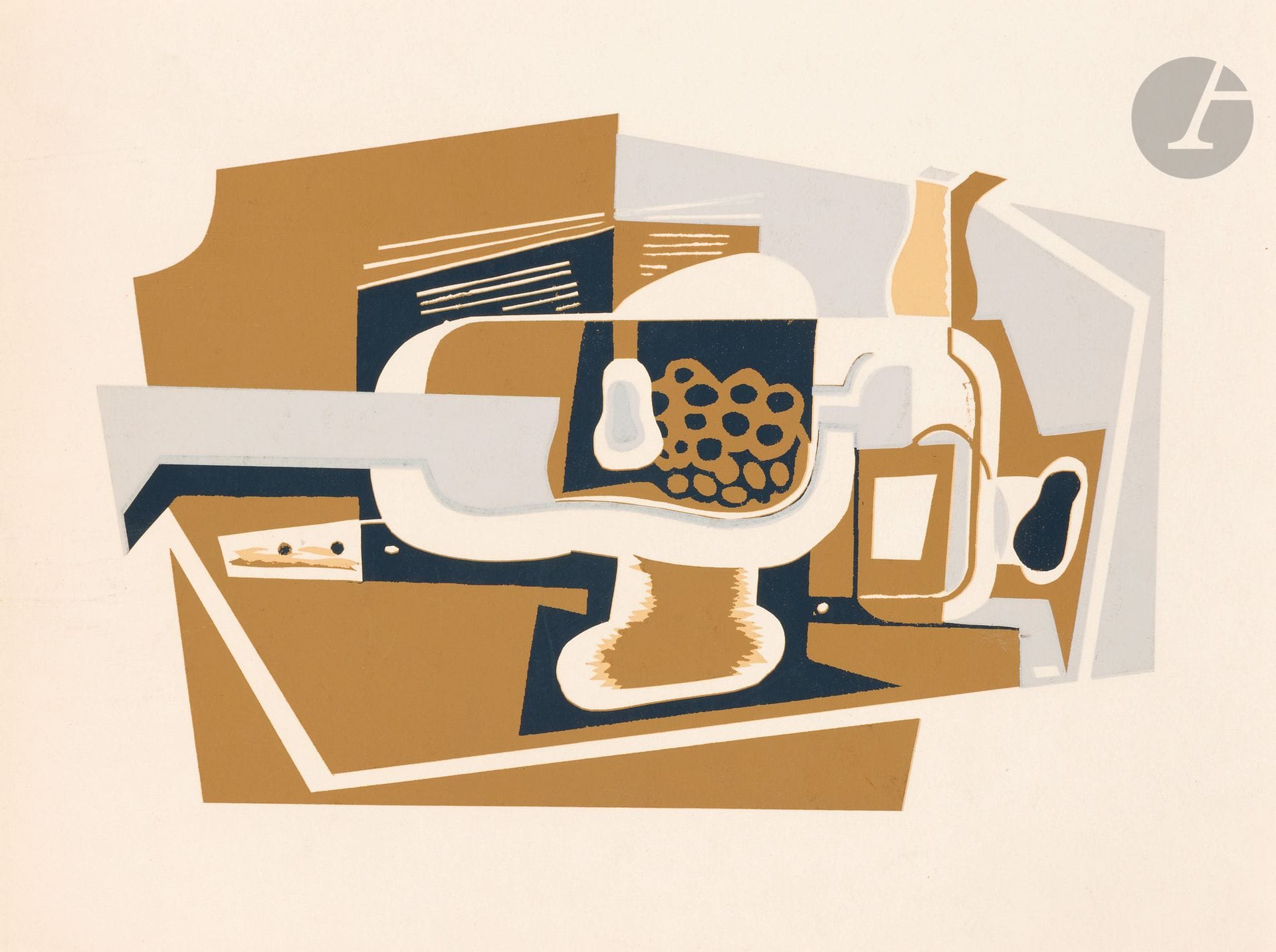 Juan Gris (1887-1927)
Nature morte. 1922. Pochoir en couleurs. [322 x 244]. Très belle épreuve sur vélin glacé ivoire. Très léger pli cassé dans l’angle inférieur gauche. Toutes marges. 

Planche offerte en prime à ses abonnés par la revue L’Esprit Nouveau à l’occasion du Nouvel An 1923.