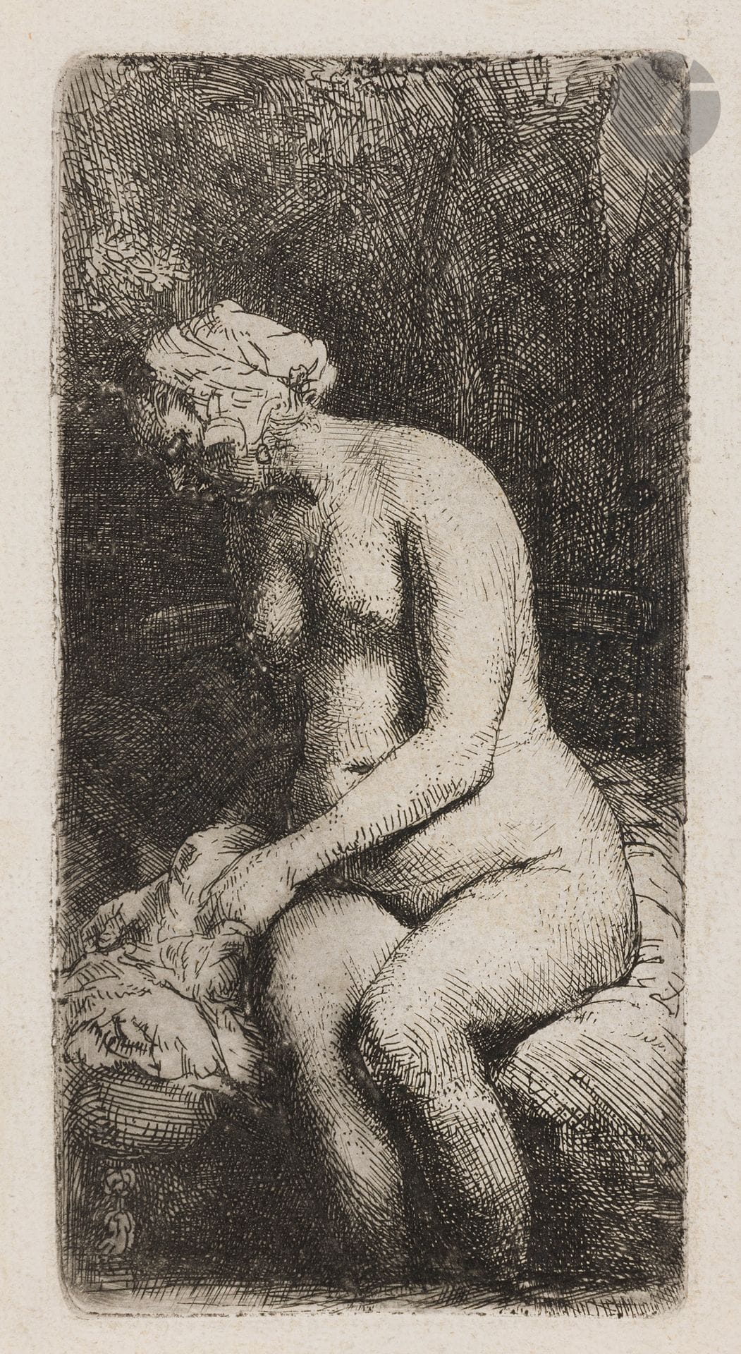 Rembrandt Harmensz. van Rijn (1606-1669)
Femme nue, les pieds dans l’eau. 1658. Eau-forte et pointe sèche. 79 x 58. Barstch 200 ; Hind 298 ; New Hollstein 309. Très belle épreuve sur vergé crème, tirée avec un léger voile d’encre dans la partie inférieure gauche, d’un tirage effectué par Basan (fin XVIIIe). Traces de colle dans les angles supérieurs au verso. Bonnes marges (5 à 10 mm).