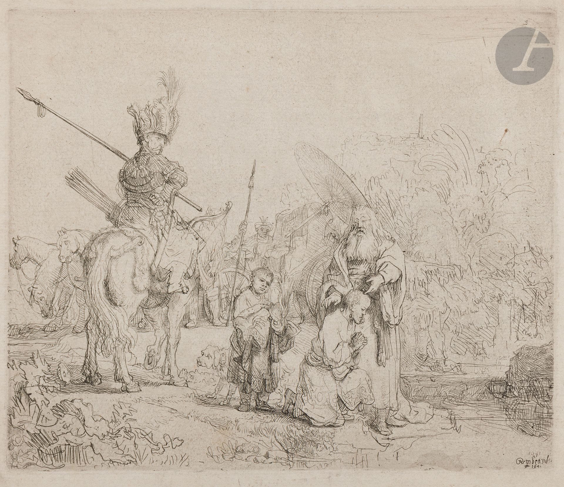 Rembrandt Harmensz. van Rijn (1606-1669)
Le baptême de l’eunuque. 1641. Eau-forte et pointe sèche. 213 x 185. Bartsch 98 ; Hind 182 ; New Hollstein 186. Bonne épreuve sur vergé mince mécanique, avec l’éraillure oblique à droite du prêtre debout, tirée avec teinte de fond grisâtre, d’un tirage effectué par Basan fils (début XIXe). Traces de plis et salissures. Belles marges.