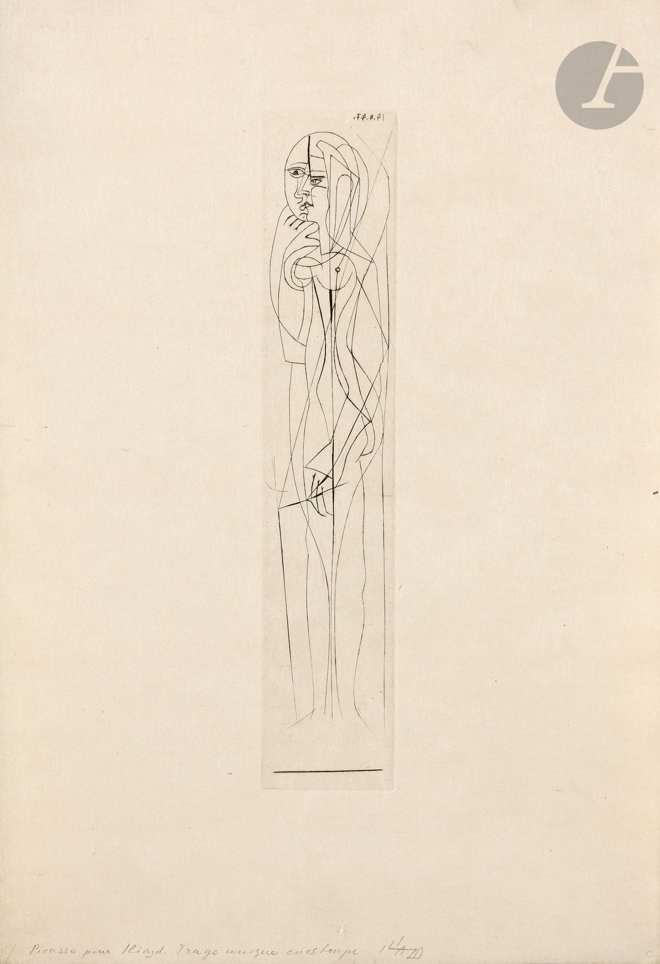 Pablo Picasso (1881-1973)
Pismo (lettre) par Ilia Zdanevitch, dit Iliazd. 3 mars-14 avril 1947. Burin ; eau-forte. Chaque [325 x 475]. Cramer 48. Exceptionnelle suite complète de 6 sujets et de la couverture, en tirage à part à grandes marges, très fraîche. 

Ces planches furent gravées pour illustrer l’ouvrage du poète Iliazd, Pismo. Escrito por Iliazd. Grabado por Picasso, Paris, Latitud Cuarenta y uno [Le Degré quarante et un], 1948. « Pismo » (qui signifie « lettre » en russe) se veut une lettre amoureuse que le poète écrivit pour Olga Djordjaze, une jeune compatriote récemment rencontrée à Cannes, avec qui il retrouva le plaisir de parler sa langue natale et qui le mit au défi d’écrire ce texte « ne fût-ce que pour [elle] ». Les deux amis parcoururent la Provence en 1946-1947 et s’arrêtèrent probablement chez Picasso à Golfe-Juan. La femme, dans ces gravures, est représentée sous les traits bien reconnaissables de Françoise Gilot, alors compagne de Picasso. 

Détail des planches : 
- Pismo. Couverture . (Pl. 2). 3 mars 1947. Eau-forte, grattoir et burin. 207 x 332. Bloch 462 ; Baer 785 B a. Épreuve tirée sur chemise de vélin ivoire filigrané « pur fil marais » rempliée, formant couverture de la suite, annotée en pied « Picasso pour Iliazd. Couverture sur papier » et signée au crayon par Iliazd. Menus accidents sur les bords. 
- Nu de profil : garde gauche. (Pl. 1). 14 avril 1947. Burin. 64 x 625. Bloch 463 ; Baer 784 B a. Épreuve sur japon ancien, annotée en pied du feuillet  « Picasso pour Iliazd. Tirage unique en estampe » et signée au crayon par Iliazd. Deux minuscules corps étrangers inhérents à la texture du papier. Infime bande d’empoussiérage le long de la marge inférieure à droite. 
- Pismo. Titre. (Pl. 2). 3 mars 1947. Eau-forte, grattoir et burin. 207 x 332. Bloch 462 ; Baer 785 B a. Épreuve sur japon ancien, annotée en pied du feuillet « Picasso pour Iliazd. Tirage unique en estampe » et signée au crayon par Iliazd. Quelques minuscules corps étrangers inhérents à la texture du papier.
- Femme aux feuilles et arabesque. (Pl. 5 et 3). 3 mars 1947. Eau-forte. 205 x 332. Bloch 466 et 465 ; Baer 786 I B a. Épreuve sur japon ancien, avant coupure du cuivre en deux sujets, annotée en pied du feuillet « Picasso pour Iliazd. Tirage unique en estampe » et signée au crayon par Iliazd. Quelques minuscules corps étrangers inhérents à la texture du papier. Fine bande d’empoussiérage le long de la marge droite.
- Femme aux feuilles. (Pl. 5). 3 mars 1947. Eau-forte. 142 x 332. Bloch 466 ; Baer 786 II 1 a. Épreuve sur japon ancien, du jet de gauche après coupure du cuivre, annotée en pied du feuillet « Picasso pour Iliazd. Tirage unique en estampe » et signée au crayon par Iliazd. Quelques minuscules corps étrangers inhérents à la texture du papier.
- Femme au fauteuil. (Pl. 4). 14 mars 1947. Burin. 139 x 325. Bloch 464 ; Baer 787 B a. Épreuve sur japon ancien, annotée en pied du feuillet « Picasso pour Iliazd. Tirage unique en estampe » et signée au crayon par Iliazd. Quelques minuscules corps étrangers inhérents à la texture du papier. Très léger empoussiérage le long de la marge supérieure (plus visible au verso). 
- Nu de face : garde droite. (Pl. 6). 14 avril 1947. Burin. 65 x 325. Bloch 467 ; Baer 788 B a. Épreuve sur japon ancien, annotée en pied du feuillet « Picasso pour Iliazd. Tirage unique en estampe » et signée au crayon par Iliazd. Deux minuscules corps étrangers inhérents à la texture du papier. Infime bande d’empoussiérage très claire le long de la marge gauche en haut. 
Joint : chemise de vélin annotée par Iliazd sur le 1er plat « Sept / gravures originales de Picasso / pour illustrer Iliazd / Tirage unique en estampes de / six gravures », signée et datée « 1948 ».