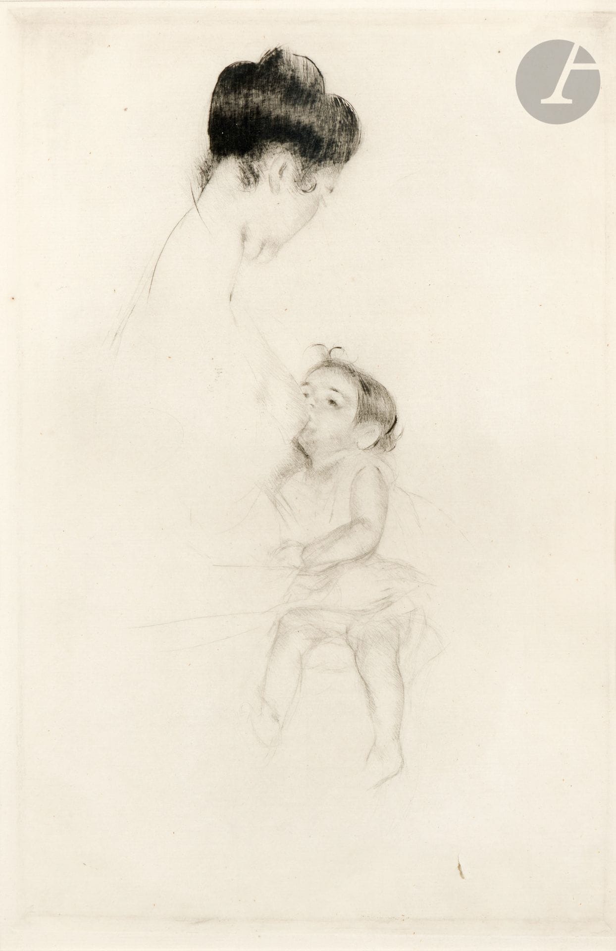 Mary Cassatt (américaine, 1844-1926)
Mother Louise Nursing her Child. 1899. Pointe sèche. À vue : 225 x 340. Breeskin 172. Belle épreuve sur vergé, non signée. Petit trou dans le sujet en pied. Quelques infimes points de rouille. Marges. Cadre.