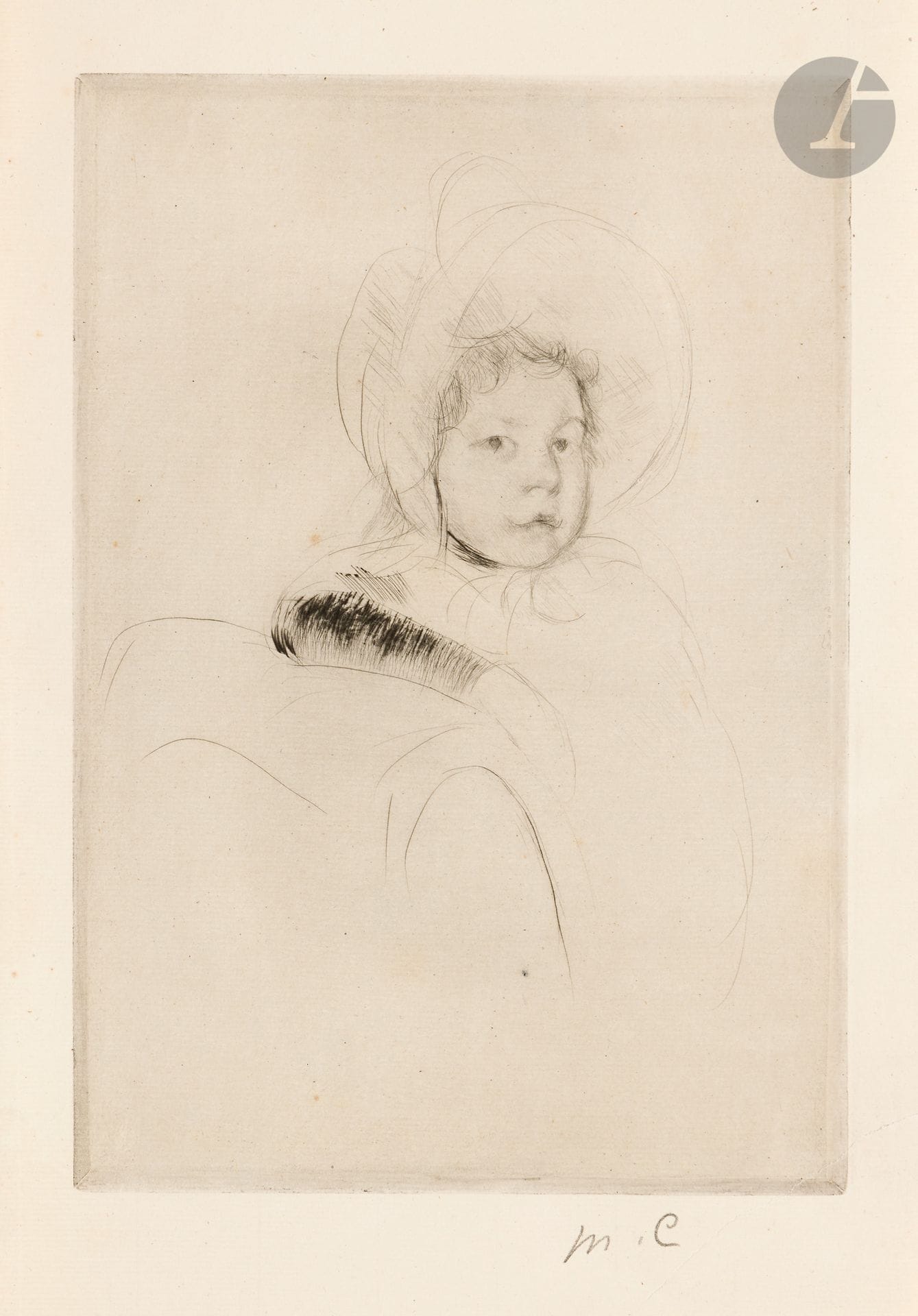 Mary Cassatt (américaine, 1844-1926)
The Velvet Sleeve. Vers 1904. Pointe sèche. 165 x 242. Breeskin 194. Belle épreuve sur vergé mince ivoire filigrané (grand écu), signée des initiales au crayon. Longue déchirure oblique dans l’angle inférieur droit du feuillet, affectant légèrement l’angle inférieur du sujet mais pas la signature, renforcée au verso. Annotation « C » et « n° 34 » de la main de H. M. Petiet au crayon en pied du feuillet. Toutes marges. 

Provenance : 
Ambroise Vollard (1866-1939) puis H. M. Petiet (1894-1980).