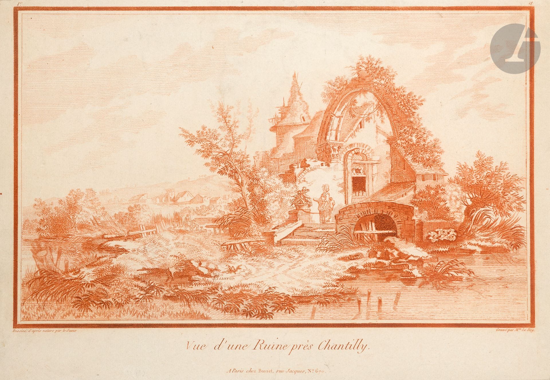 Louis Le Sueur (1746-1803) (d’après)
Vue d’une ruine près St Maur-les-Paris ; Vue d’une ruine près Chantilly. Gravé en manière de crayon par Mlle Le Roy. Chaque à vue : 420 x 300. Impression en sanguine. Bonnes épreuves sur vergé gris-beige. Quelques rousseurs. Marges. Cadres. Ens. 2 p.