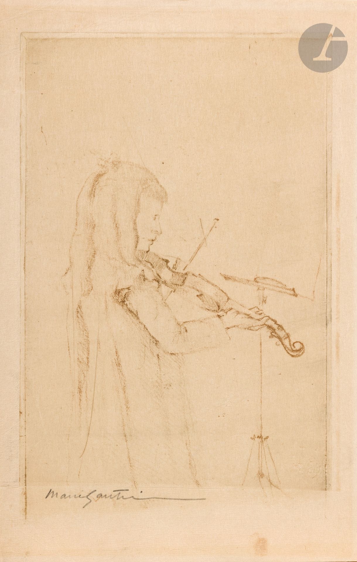 Marie Gautier (1867-1960)
Jeune violoniste. Vernis mou. [175 x 270]. Impression en bistre. Bonne épreuve sur japon vergé, signée au crayon. Plis cassés au bord supérieur gauche du feuillet. Petites marges irrégulières.