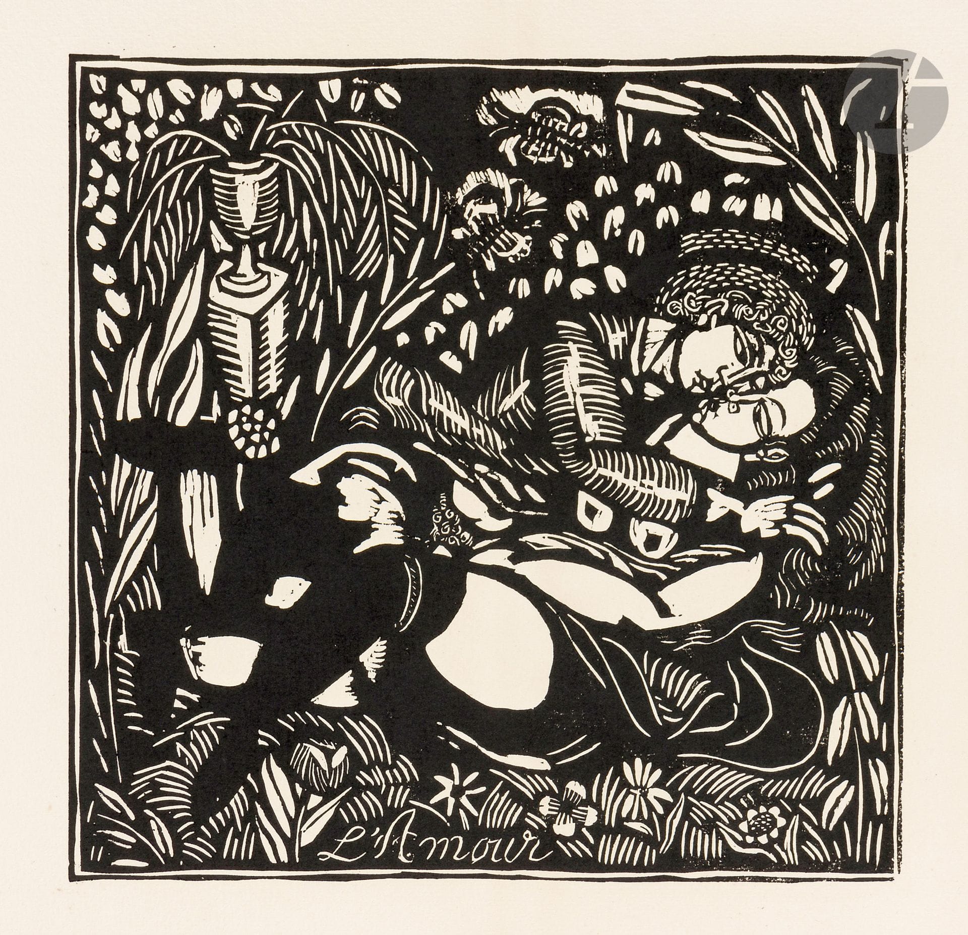 Raoul Dufy (1877-1953)
L'Amour. 1910-1911. Woodcut. 310 x 305. Pernoud, L'Estampe des Fauves, p. 88. Very fine proof on ivory laid paper watermarked "richard de bas", from a print run circa 1950, unsigned. Light traces of dusting and oxidation at the edges of the sheet. Full margins.