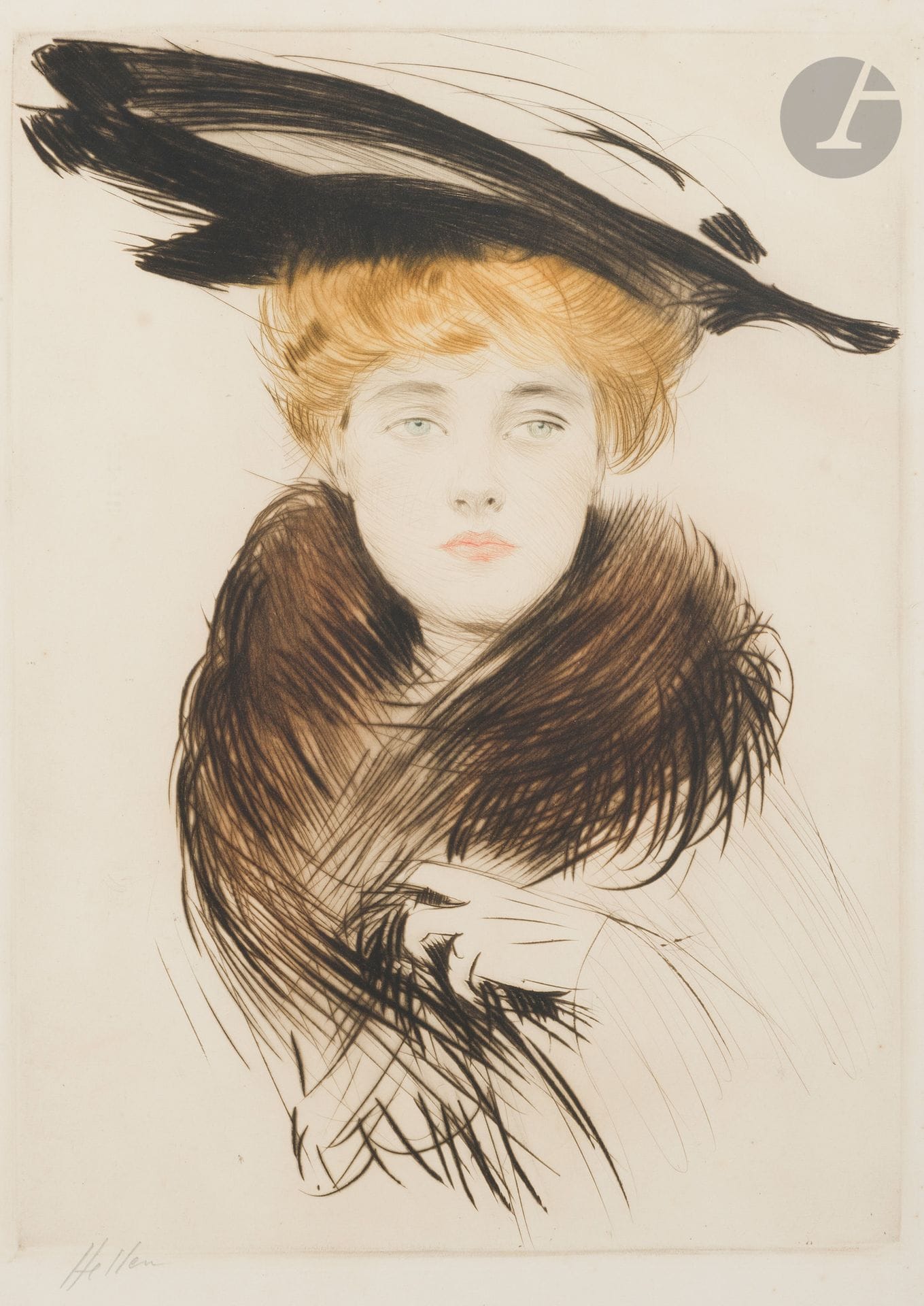 Paul César Helleu (1859-1927)
Young Woman with Fur Collar and Large Hat. Drypoint. 295 x 395. Color print. Very fine proof on white vellum, signed in pencil. Scattered light foxing. Full margins. Framed.