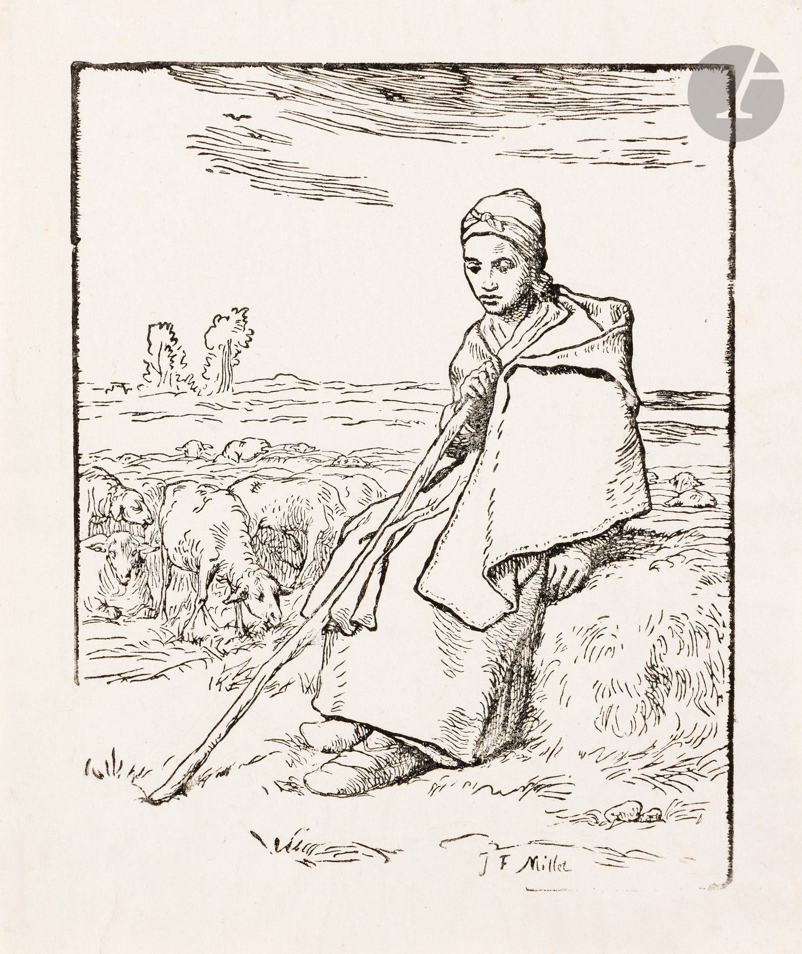 Jean-François Millet (1814-1875) (after)
The Large Seated Shepherdess. Woodcut by Jean-Baptiste Millet, the artist's brother. 217 x 272. Delteil 33. Very fine proof on chine volant. Small remnants of glue at the head of the verso leaf. A few tiny vertical folds in the lower margin. Fine margins.