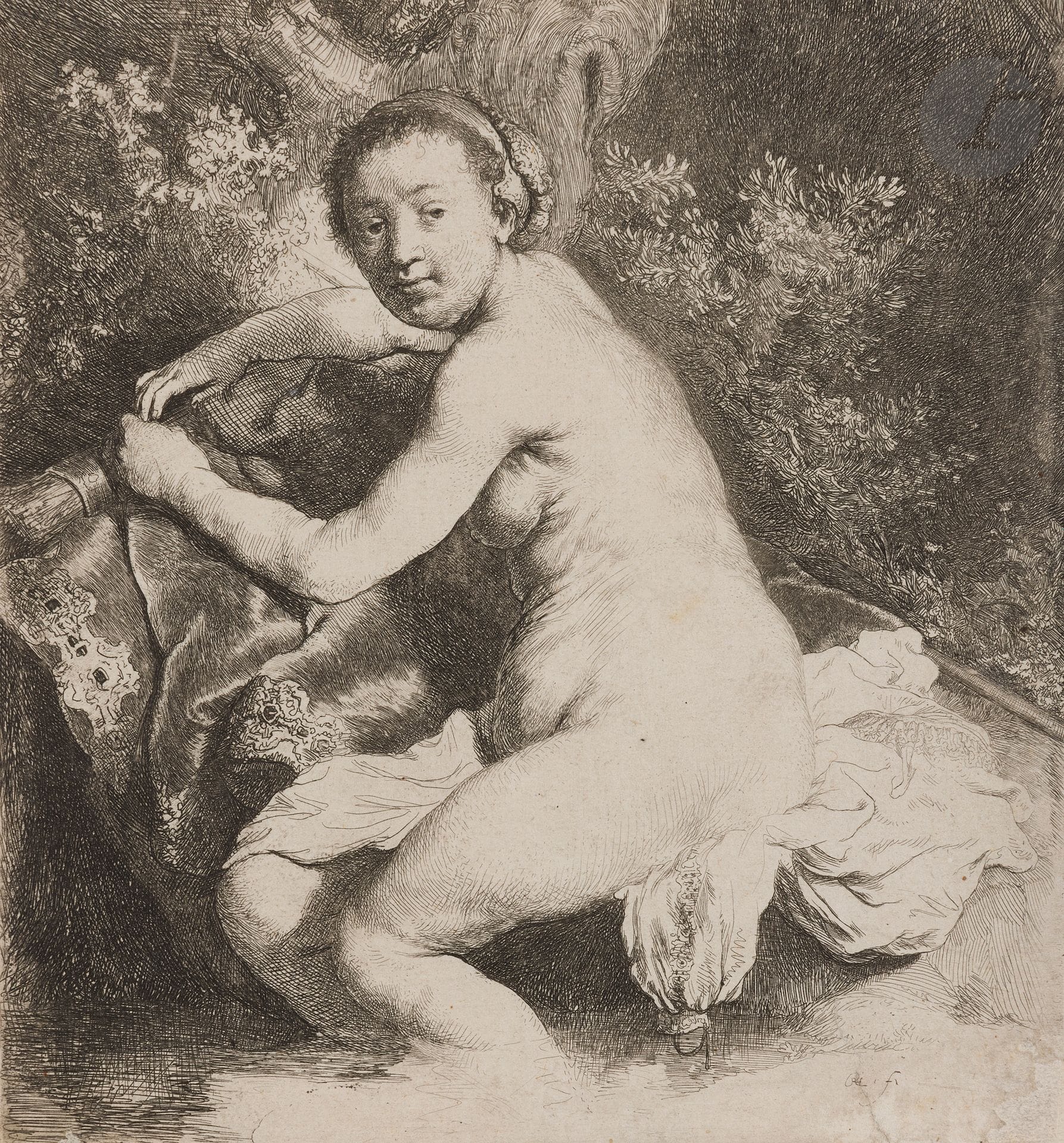 Rembrandt Harmensz. van Rijn (1606-1669)
Vénus au bain, ou Diane au bain. Vers 1631. Eau-forte et pointe sèche. 160 x 173. Bartsch 201 ; Hind 42 ; New Hollstein 89. Belle épreuve sur vergé ancien mince, tirée un peu grise, avec légère usure dans les fonds sous le sein, rognée sur le coup de planche, le sujet entamé sur 4-5 mm en tête. Traces de plis et plusieurs petites restaurations au verso. Filigrane : lys de Strasbourg.