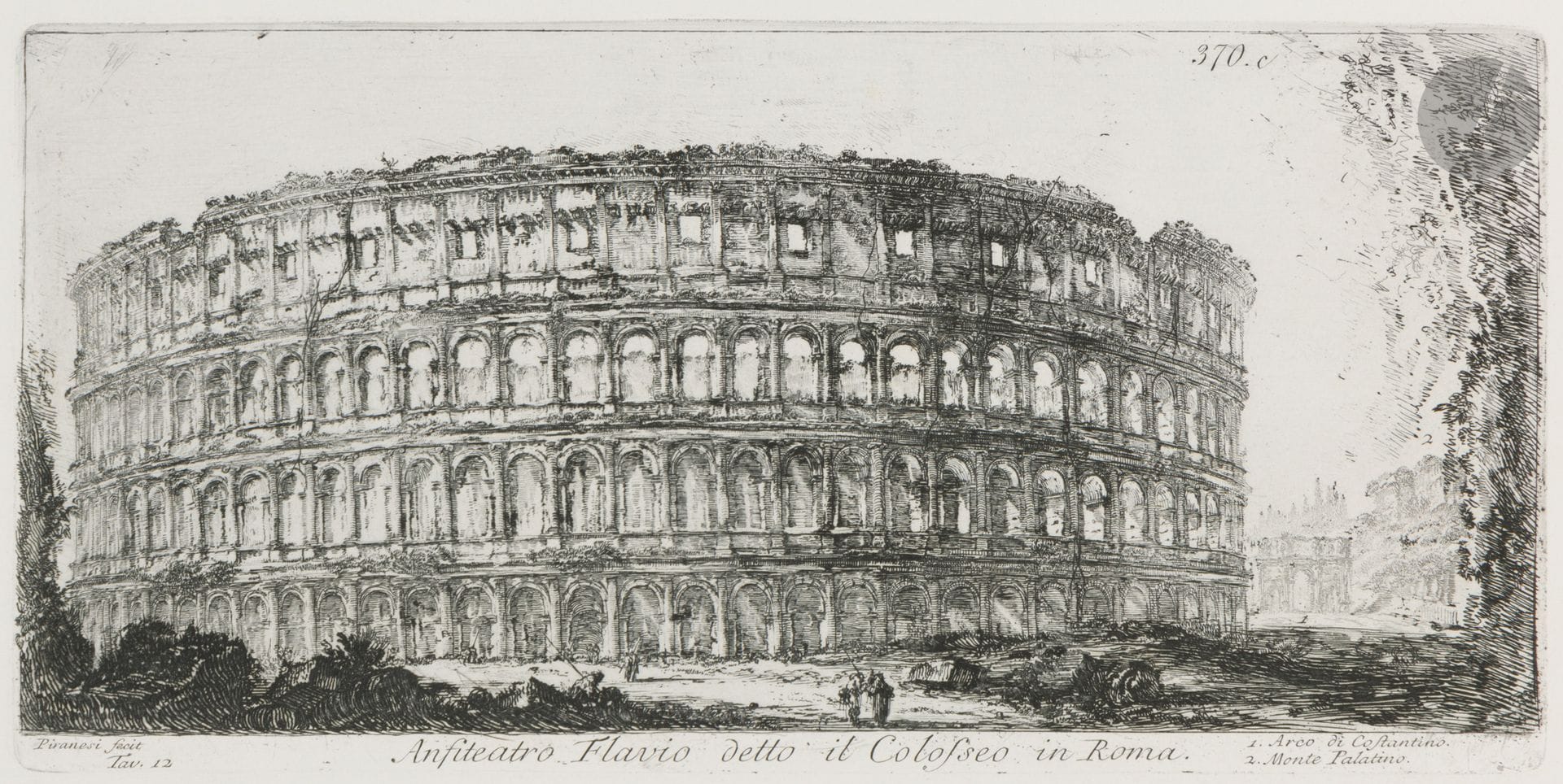 Giambattista Piranesi (1720-1778)
Alcune Vedute di Archi Trionfali ed altri monumenti, ed altri monumenti inalzati da Romani parte de quali si veggono in Roma, e parte per l’Italia. 1768. Eau-forte. Focillon 40-71. Un album in-fol. [450 x 600], partiellement dérelié, contenant un titre, 3 planches liminaires, 1 pl. double, 26 pl. simples pour la plupart tirées deux à la feuille et 1 pl. double, numérotées 365-366, 367a-b, 368, 369a-d, 370a-d, 371a-d, 372a-d, 373a-d, 374a-d, 375a-b, 376, une d’après un dessin d’I. Silvestre, la dernière gravée par F. Piranesi. Belles épreuves sur vélin blanc fort, d’un tirage moderne. Rousseurs claires éparses, essentiellement marginales.