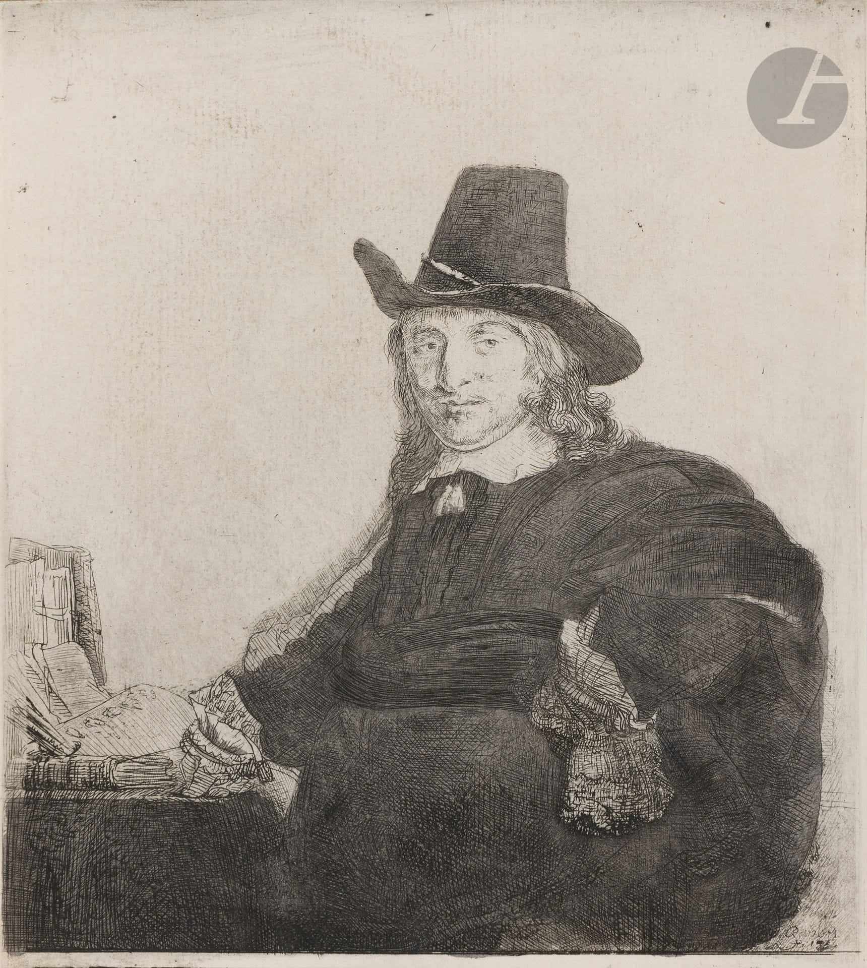 Rembrandt Harmensz. van Rijn (1606-1669)
Jean Asselin. Etching and drypoint. 171 x 190. Bartsch 277; Hind 227; New Hollstein 236. Fine proof on mechanical laid paper, the sizes weakened, of a print made by Basan fils or Jean (early 19th century), extensively reworked with gray ink wash, trimmed on the plate stroke and on the 2nd square line at the foot. Gummed kraft band at head of folio on verso. Narrow margins.