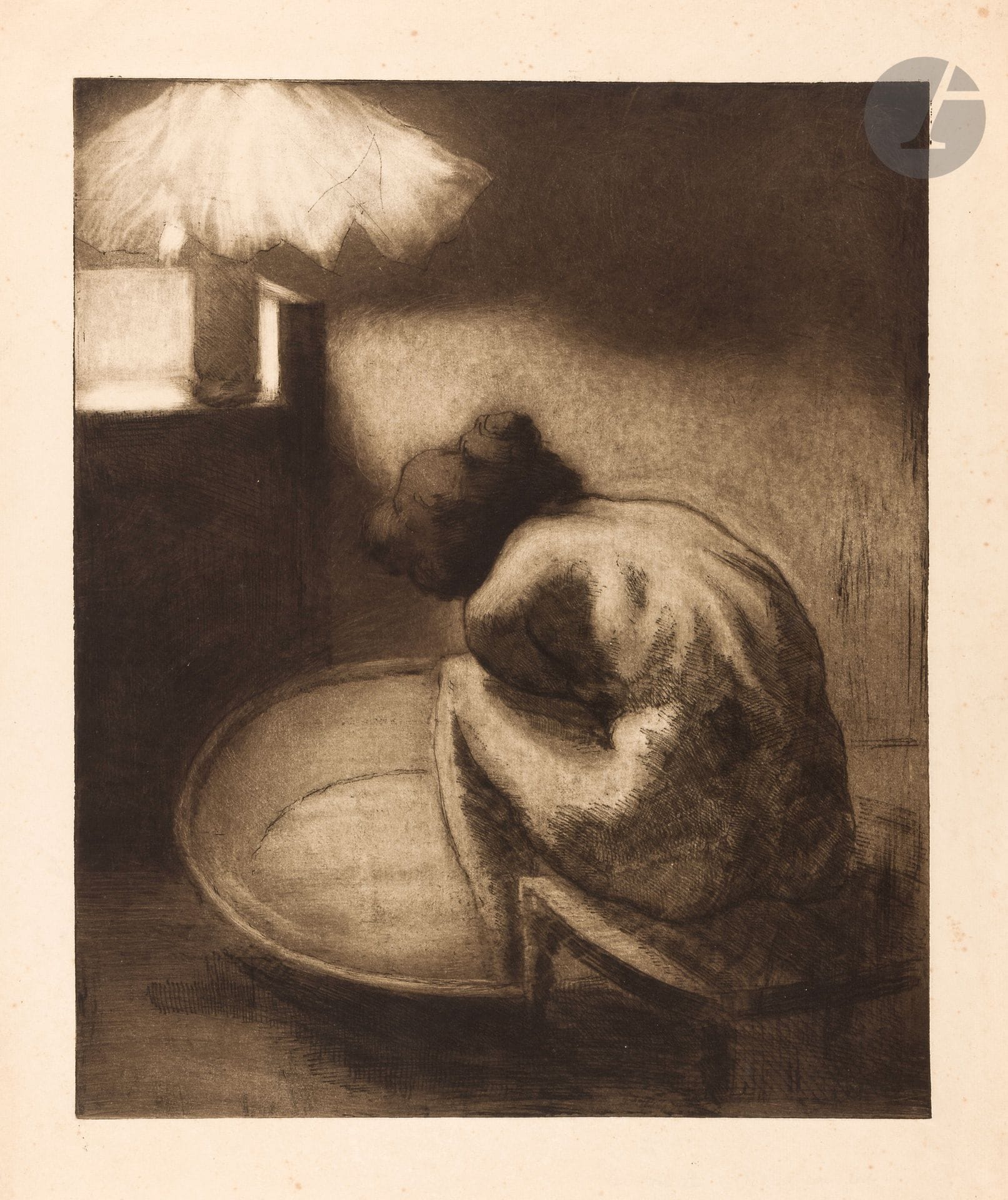 Alfredo Müller (1869-1939) 
Woman with tub under lamp. 1898. Etching and aquatint. 355 x 435, Koehl E57. Fine proof on ivory laid paper, from the black print only, unsigned. Minor scattered foxing and traces of folding. Full margins.