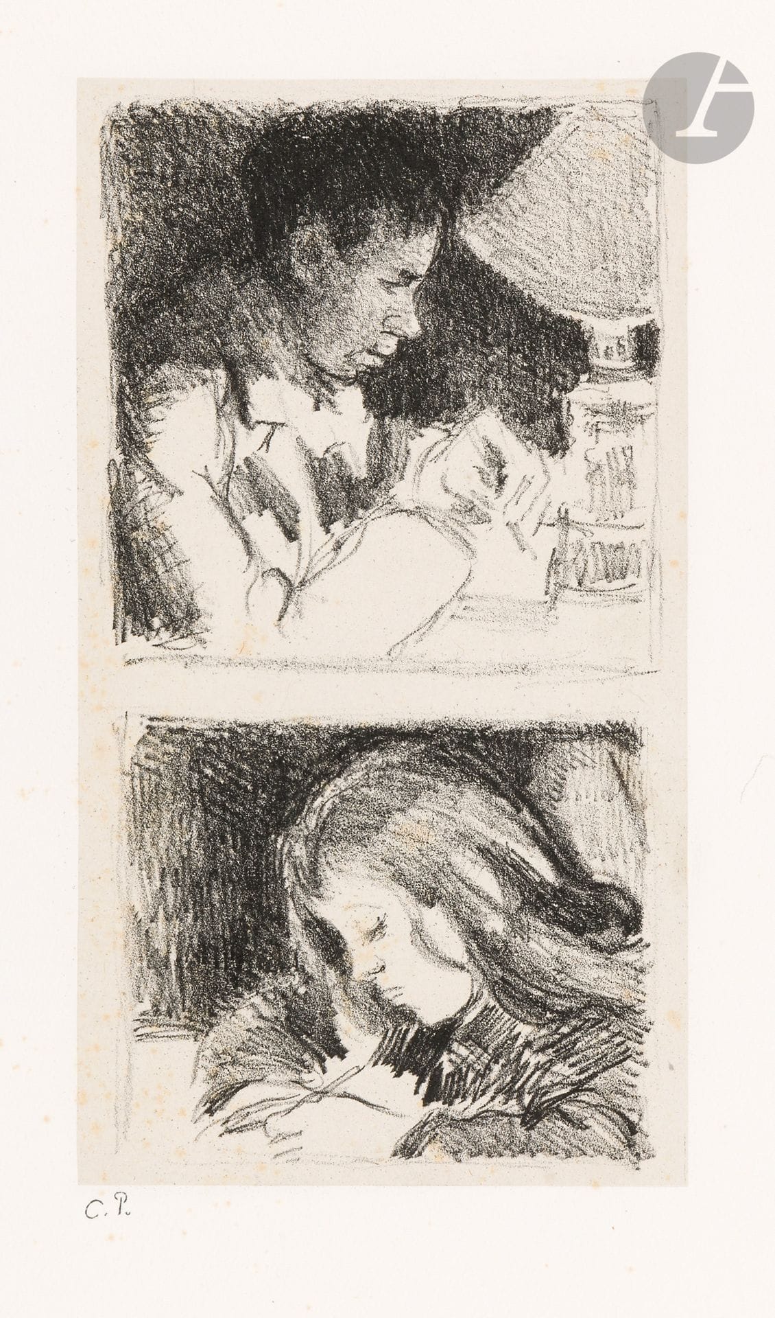 Camille Pissarro (1830-1903)
Young man writing (Portrait of Rodo); Camille Pissarro. Circa 1895. Lithograph. 115 x 225. Delteil 145 and 146. Very fine proof on chine appliqué, stamped (Lugt 613e), from the posthumous edition of 12 proofs (including 6 of the two subjects together). Light foxing to the edges of the folio. Full margins. 

Only 2 or 3 trial proofs of the 1st subject and 11 of the second are known from the artist's lifetime.