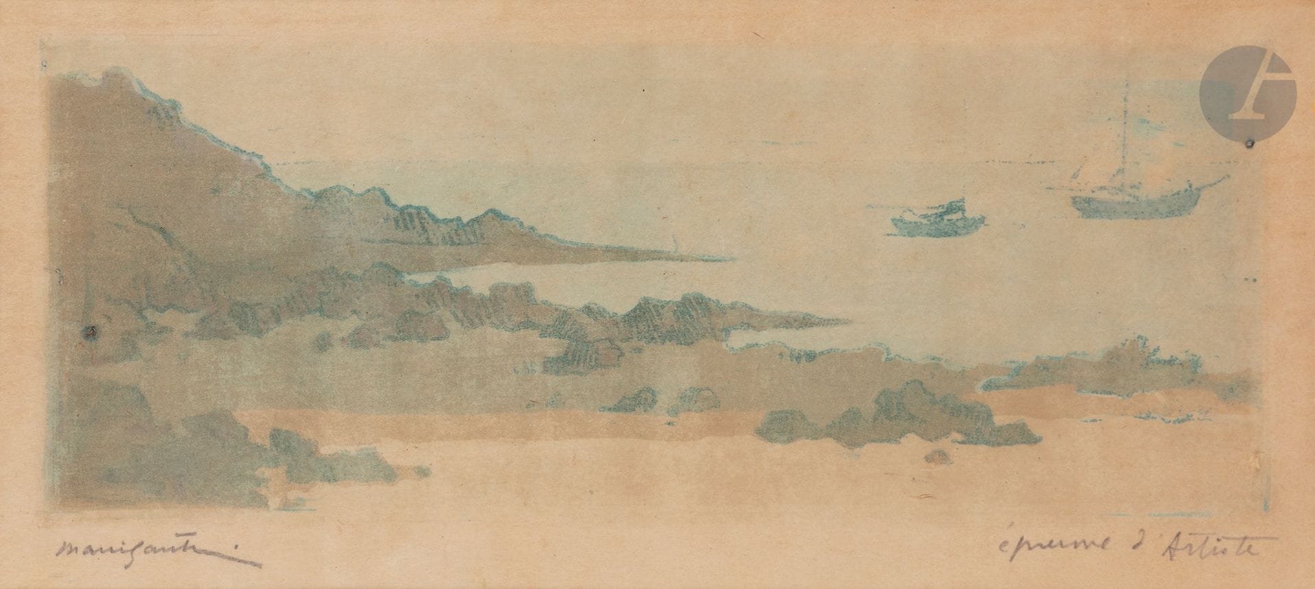 Marie Gautier (1867-1960)
Beach (Wimereux). Circa 1900. Soft varnish. 250 x 100. Color print. Fine proof on japon, signed and annotated "épreuve d'Artiste" in pencil, slightly oxidized. Margins. Framed.