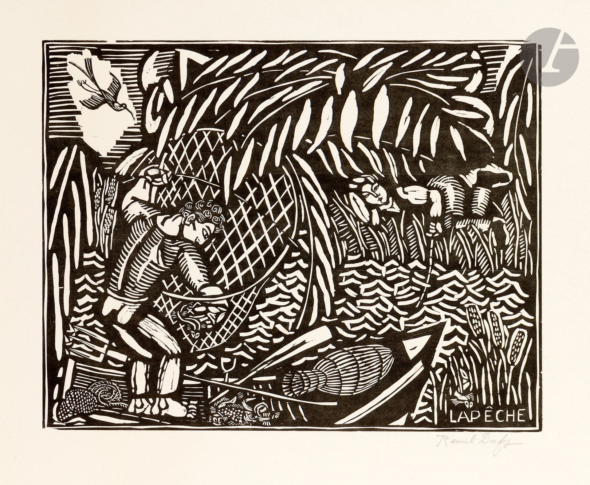 Raoul Dufy (1877-1953)
La Pêche. 1910-1911. Bois gravé. 400 x 320. Pernoud, L’Estampe des Fauves, p. 88. Très belle épreuve sur japon, signée au crayon puis numérotée en pied. Quelques courtes traces de plis (notamment dans l’angle supérieur droit du feuillet) et rousseurs marginales. Toutes marges. Tirage à 100 épreuves.