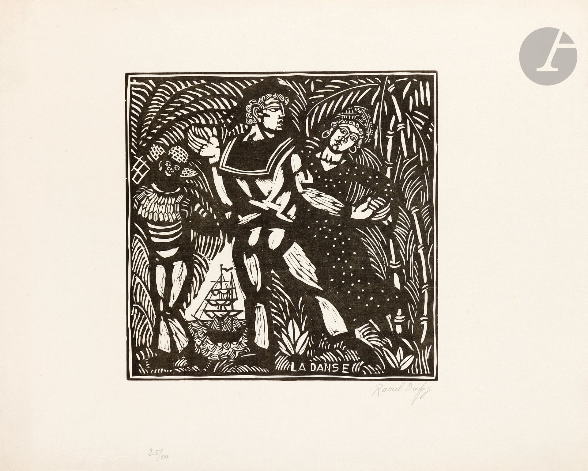 Raoul Dufy (1877-1953)
La Danse. 1910-1911. Bois gravé. 318 x 310. Pernoud, L’Estampe des Fauves, p. 88. Très belle épreuve sur japon, signée au crayon puis numérotée en pied par H. M. Petiet. Quelques fines traces de plis, notamment dans l’angle inférieur gauche et en marge droite. Toutes marges. Tirage à 100 épreuves.