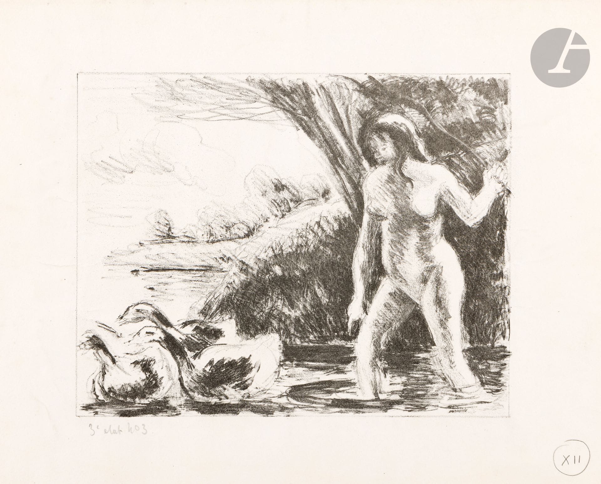 Camille Pissarro (1830-1903)
Paysanne nue chassant des oies. Vers 1894-1896. Lithographie. 230 x 184. Delteil 161. Très belle épreuve d’essai sur vélin blanc, annotée au crayon « 3e état n° 3 ». Annotations au crayon en marge inférieure. Nombreux courts plis cassés épars. Petites rousseurs et salissures marginales. Restes de colle dans les angles supérieurs au verso. Toutes marges. 

Selon Delteil, en sus des quelques épreuves d’essai (non signées), il existe 6 épreuves timbrées et numérotées.