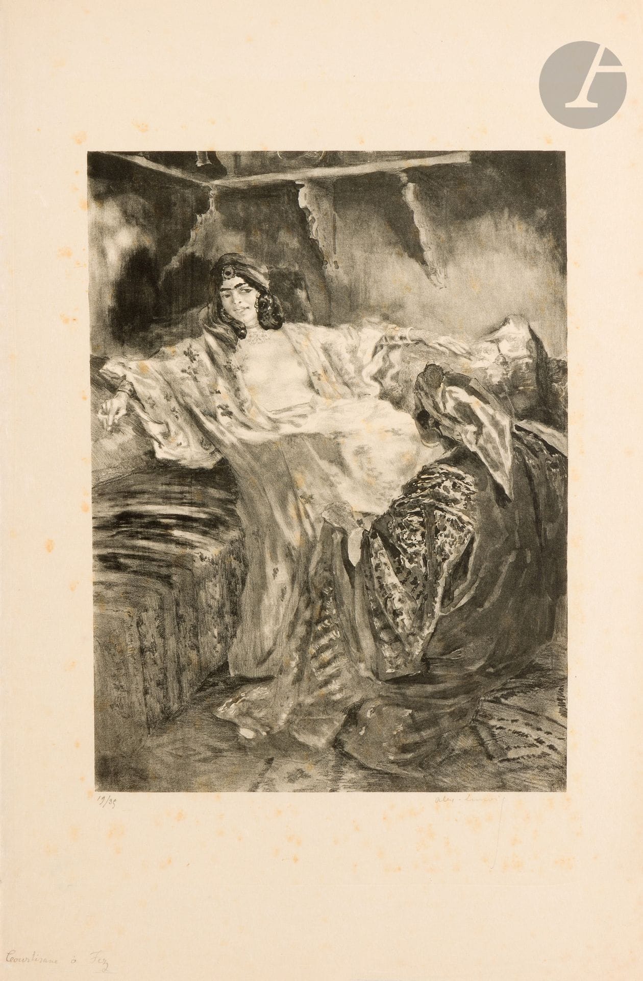 Alexandre Lunois (1863-1916)
Courtesan in Fez; The Hammam. Circa 1890. Lithograph. 210 x 282 and 145 x 195. Very fine proofs, the 1st on japon, from an edition of 35, the 2nd on japon pelure, from an edition of 20, numbered and signed in pencil. Light foxing to the 1st. Full margins. Set. 2 p. (in a single mount).