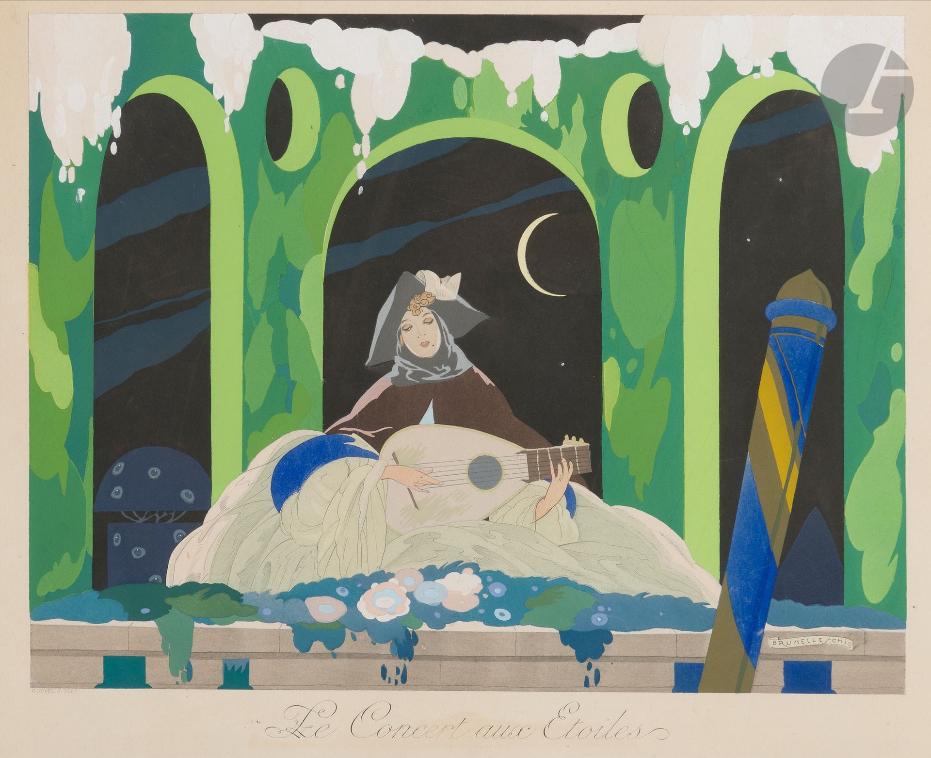 Umberto Brunelleschi (1879-1949)
Le Concert aux étoiles. 1924. Pochoir en couleurs par Gorvel. À vue : 410 x 330. Belle épreuve sur vélin ivoire. Marges. Cadre.