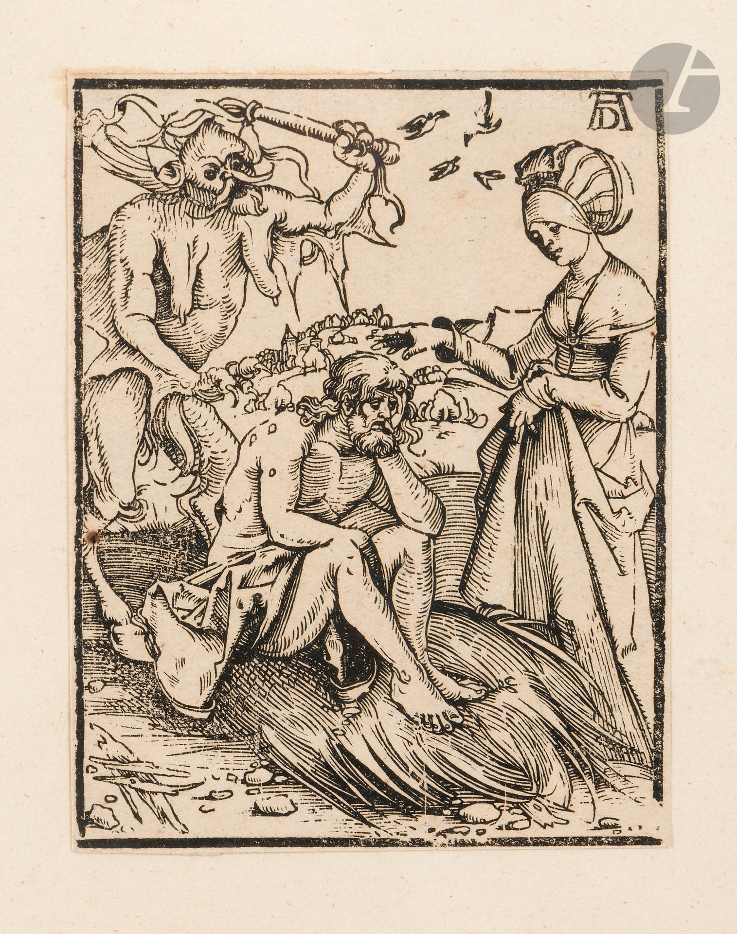 Albrecht Dürer (1471-1528) (entourage de)
Job tourmenté par le démon. 1509. Bois gravé. 120 x 156. Bartsch (appendice) 2. Belle épreuve sur vergé, d’un tirage tardif (vraisemblablement XVIIIe), avec cassures dans le bois, rognée à l’extérieur du trait carré. Quelques rousseurs claires. Ex-coll. I. Kaps (Lugt 3551). Cadre.