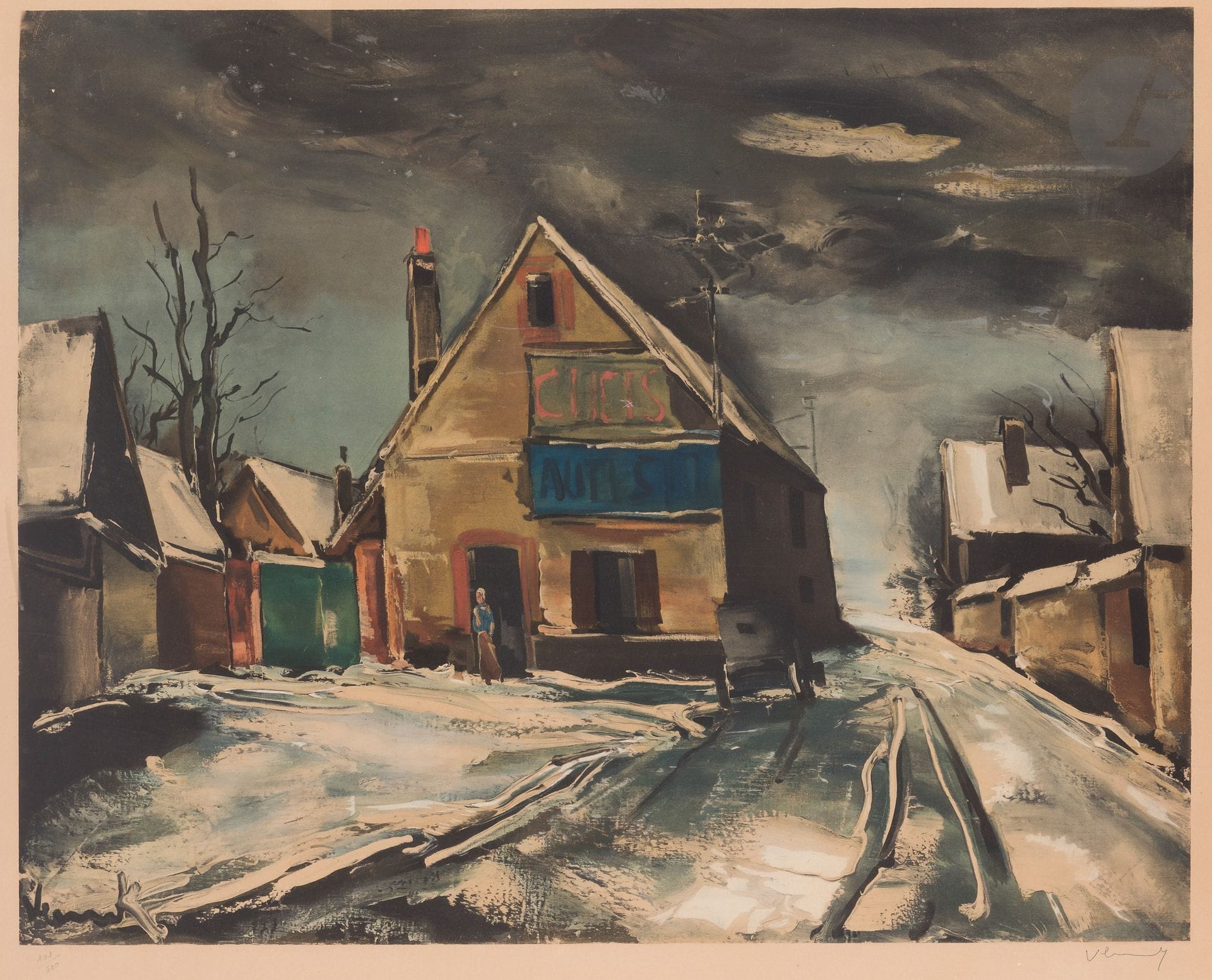 Maurice de Vlaminck (1876-1958)
Village sous la neige. Vers 1955. Lithographie (procédé Spitzer). 775 x 615. Impression en couleurs. Belle épreuve sur vélin beige, numérotée et signée au crayon, oxydée. Toutes marges. Timbre sec des éditions Spitzer dans l’angle inférieur gauche du sujet. Tirage à 400 épreuves. Cadre.