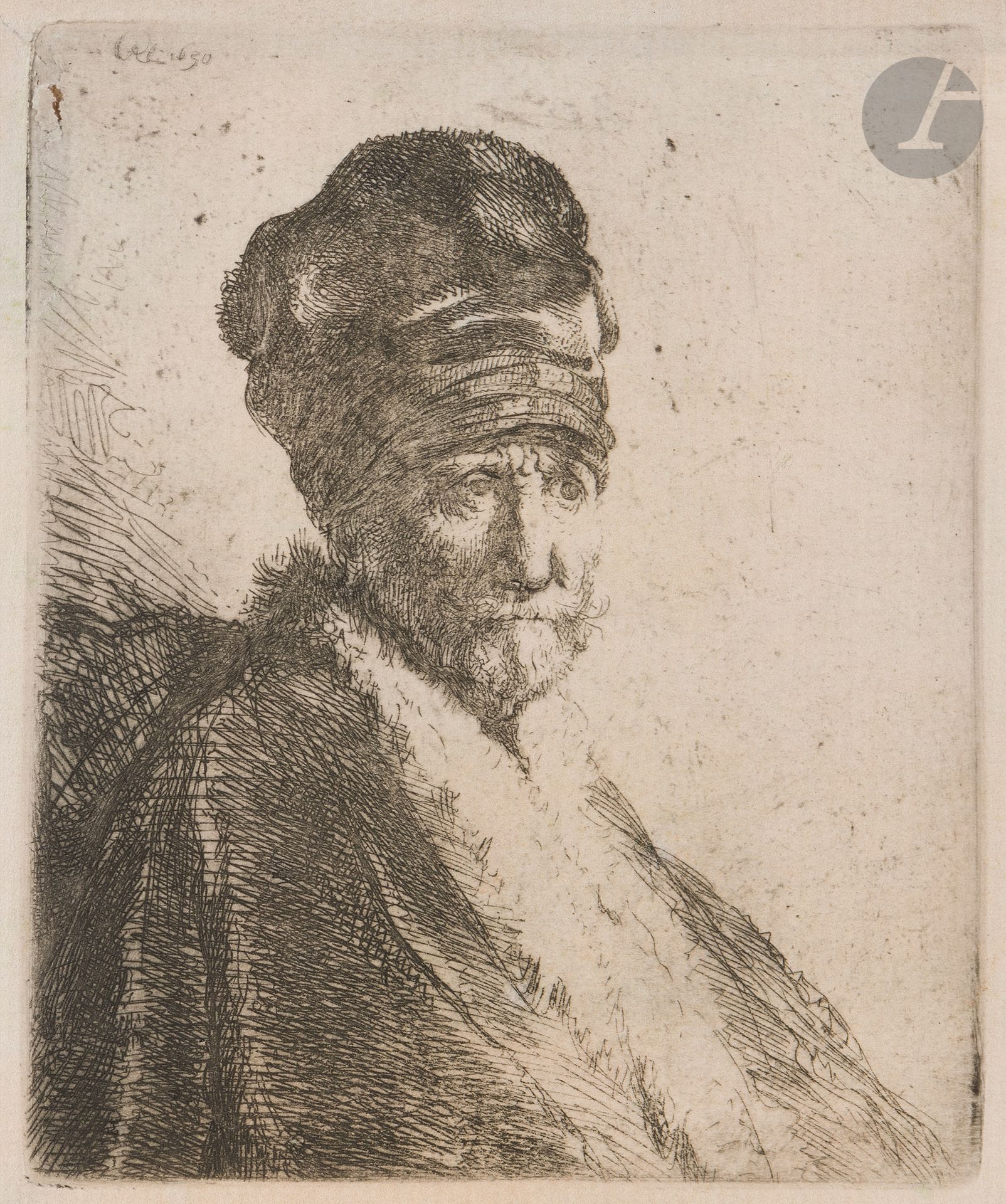 Rembrandt Harmensz. van Rijn (1606-1669)
Seated man with moustache (the artist's father?). 1630. etching and drypoint. 84 x 100. Bartsch 321; Hind 22; New Hollstein 57. Fine proof on thin mechanical laid paper, the sizes worn, of a print made by Basan fils or Jean (early 19th century). Remainder of gummed kraft at the head of the sheet and at the left edge on verso (consolidating a small fracture in the subject at top left). Narrow margins (approx. 3 mm).
