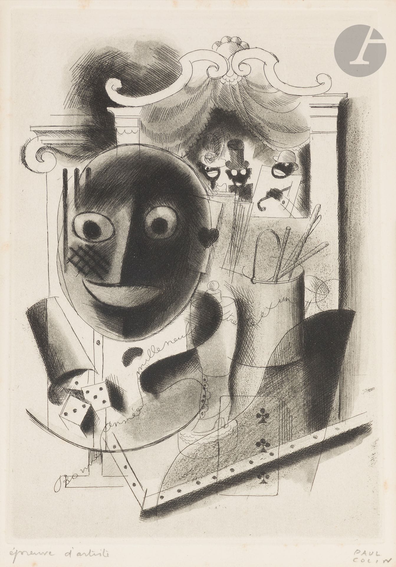 Paul Colin (1892-1985)
Bonne année mille neuf cent trente et un. 1930. Eau-forte et aquatinte. À vue : 190 x 278. Belle épreuve sur vélin, annotée « épreuve d’artiste » et signée au crayon. Rousseurs claires. Marges. Cadre.