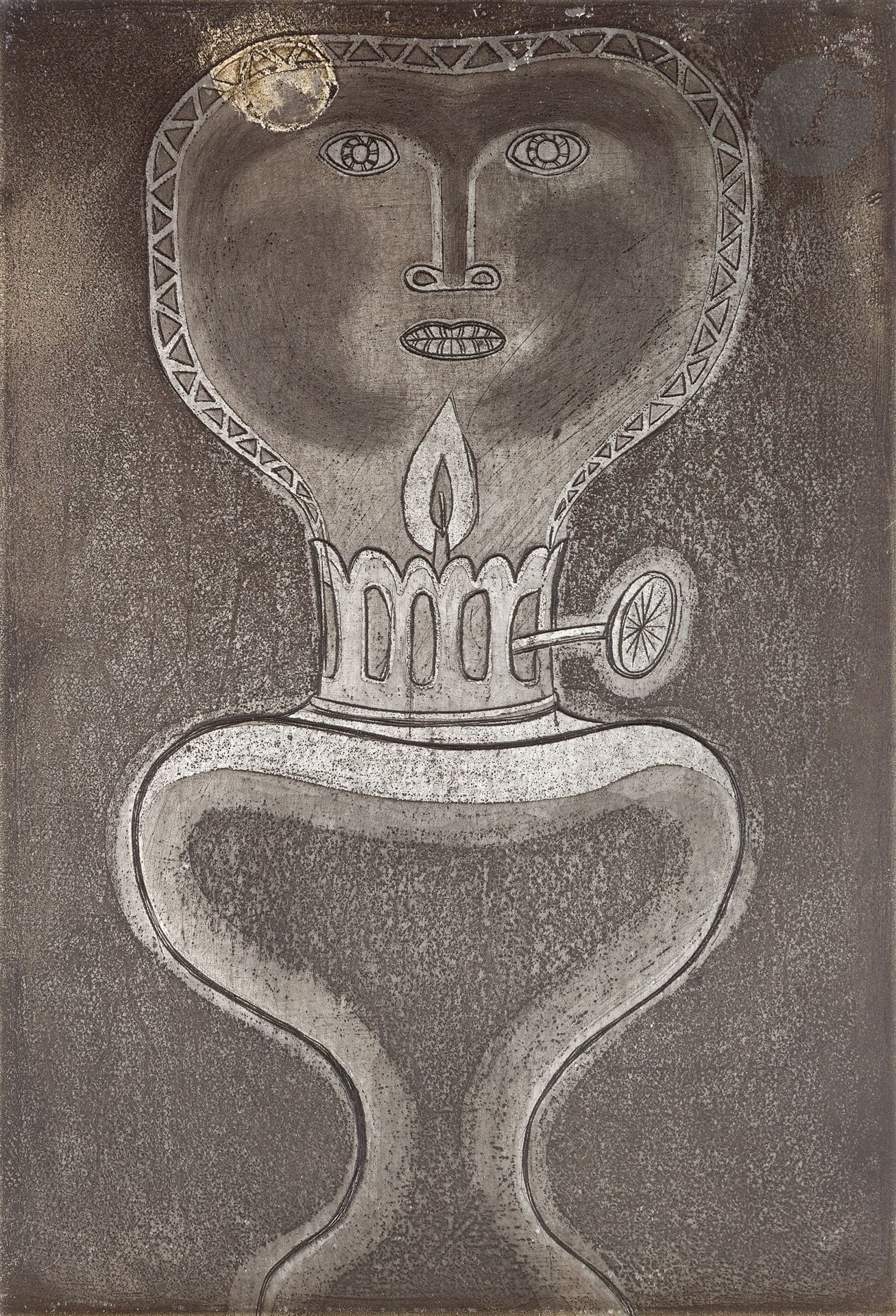 Anton Prinner (1902-1983)
Woman-lamp. 1938. Etched zinc. 185 x 270. Inked and varnished. Biffé with two point strokes in the upper right corner. 

Provenance: 
Atelier Leblanc, printer.