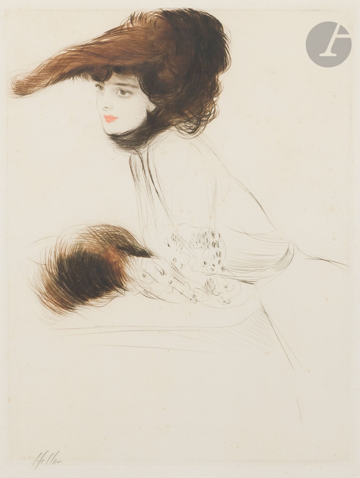 Paul César Helleu (1859-1927)
Young woman with muff and large hat. Drypoint. 290 x 392. Printed in color. Very fine proof on white vellum, signed in pencil. Scattered light foxing. Full margins. Framed.
