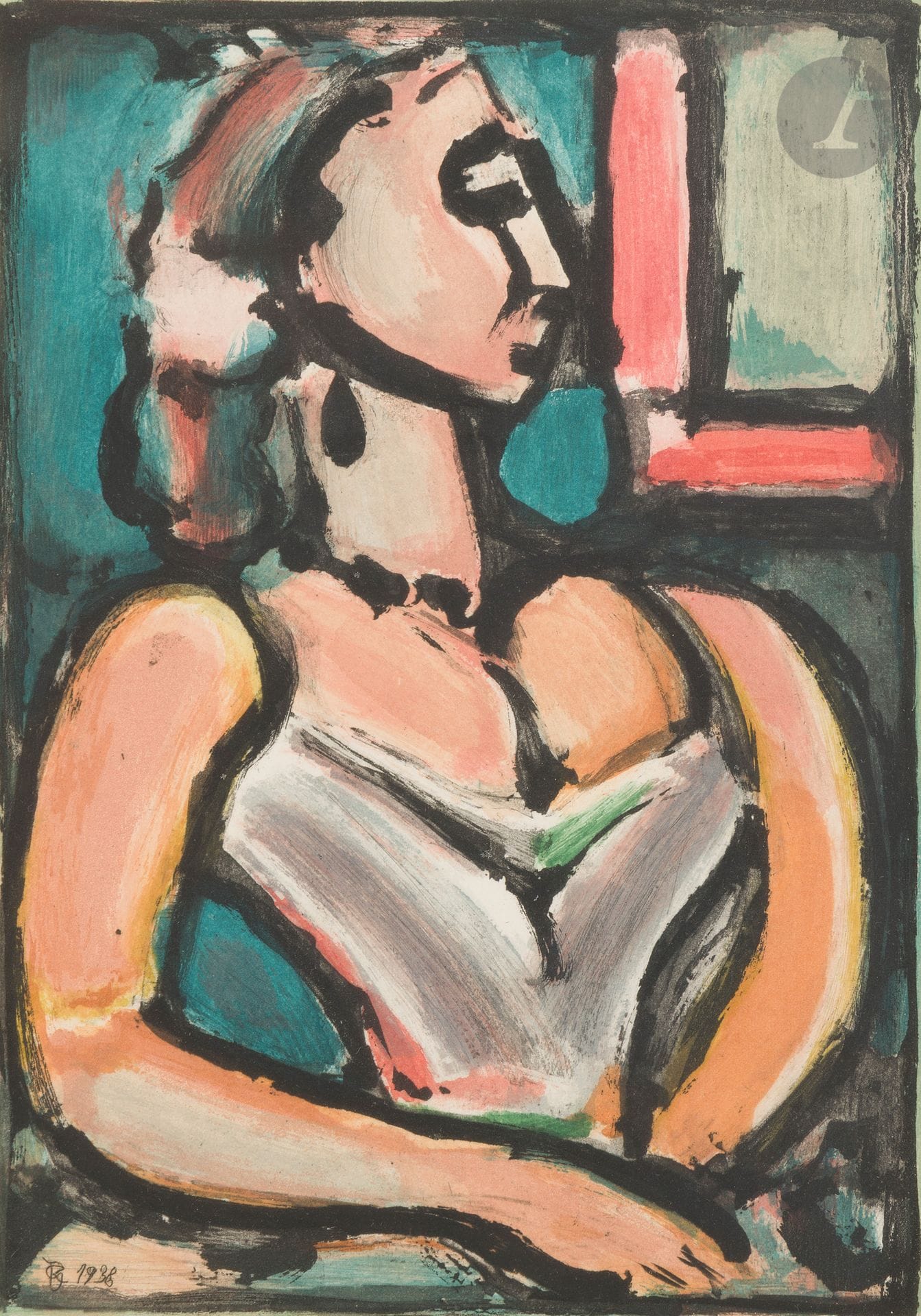Georges Rouault (1871-1958)
Proud woman. (Pl. for Les Fleurs du mal). 1936-1938. Aquatint. Sight : 192 x 295. Chapon et Rouault 275, printed in color. Proof on vellum. No visible margins. Edition of 250 color proofs and 50 black proofs. Framed.

Plate for a work considered by Vollard, but never realized. The print was made by Lacourière in 1945.