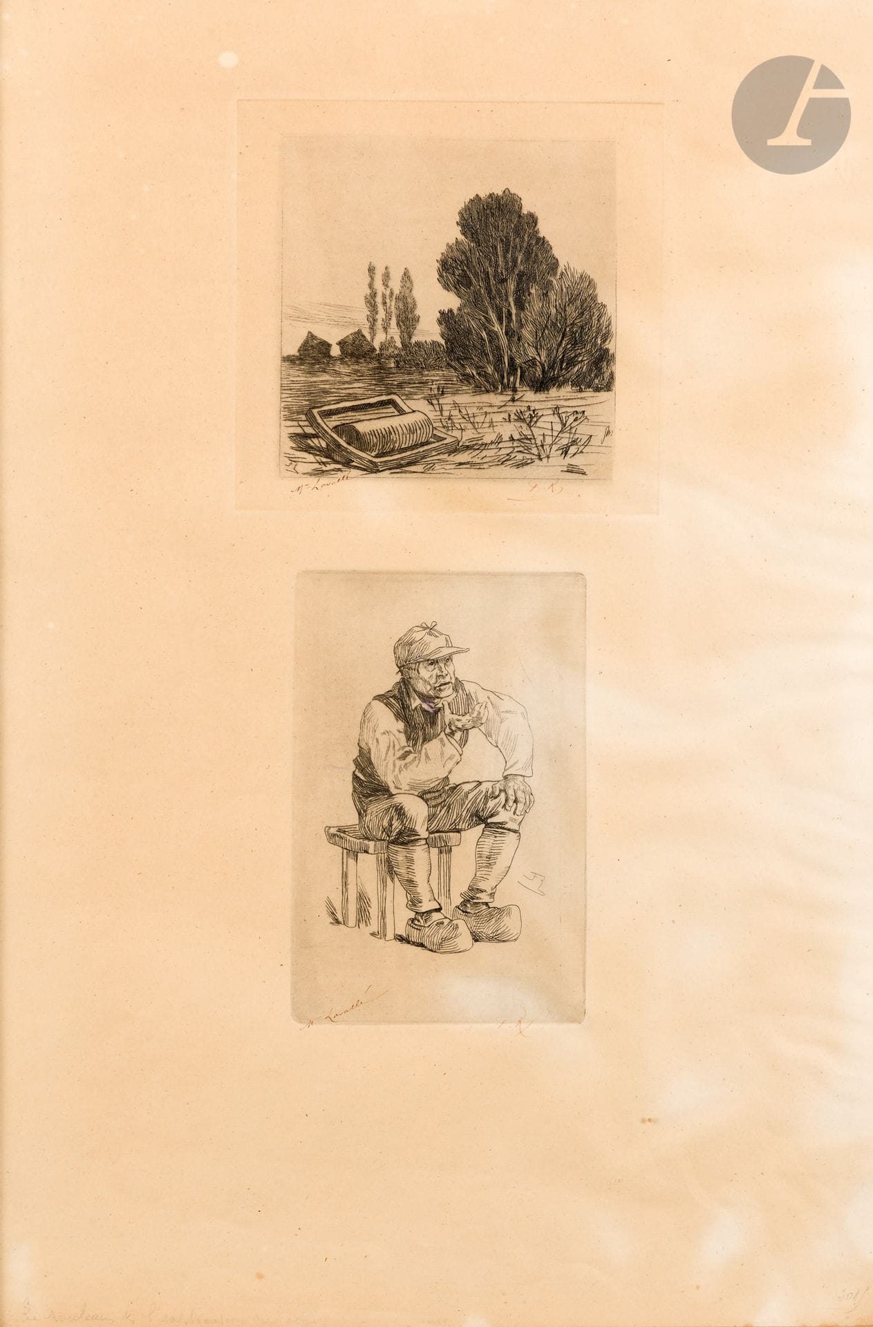 Félicien Rops (1833-1898)
Paysage brabançon ; L’Oracle du hameau. 1875. Eau-forte. À vue : 310 x 460. Rouir 536 et 583. Belles épreuves tirées sur un seul feuillet de vélin ivoire, très oxydé, chaque sujet annoté à la plume et à l’encre sépia par l’artiste « Mr Lavallé » et signé des initiales (sur le coup de planche ou à cheval sur celui-ci). Grandes marges. Cadre.