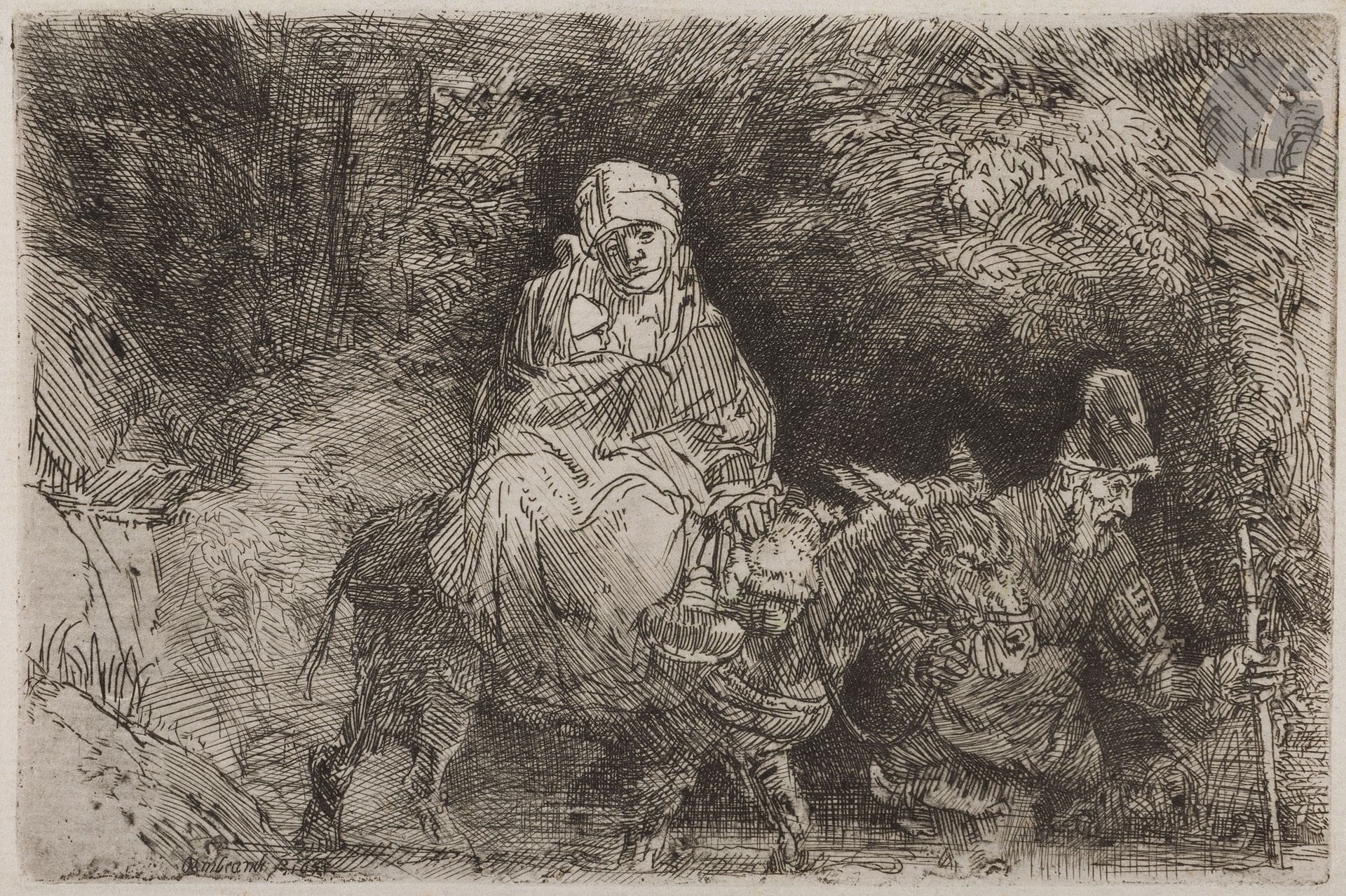 Rembrandt Harmensz. van Rijn (1606-1669)
La Fuite en Égypte. 1654. Eau-forte et pointe sèche. 144 x 95. Bartsch 55 ; Hind 214 ; New Hollstein 277. Belle épreuve sur vergé mince mécanique, d’un tirage effectué par Basan fils ou Jean (début XIXe), les angles arrondis. Annotations d’un ancien propriétaire au crayon au verso. Marges étroites (2  mm environ).