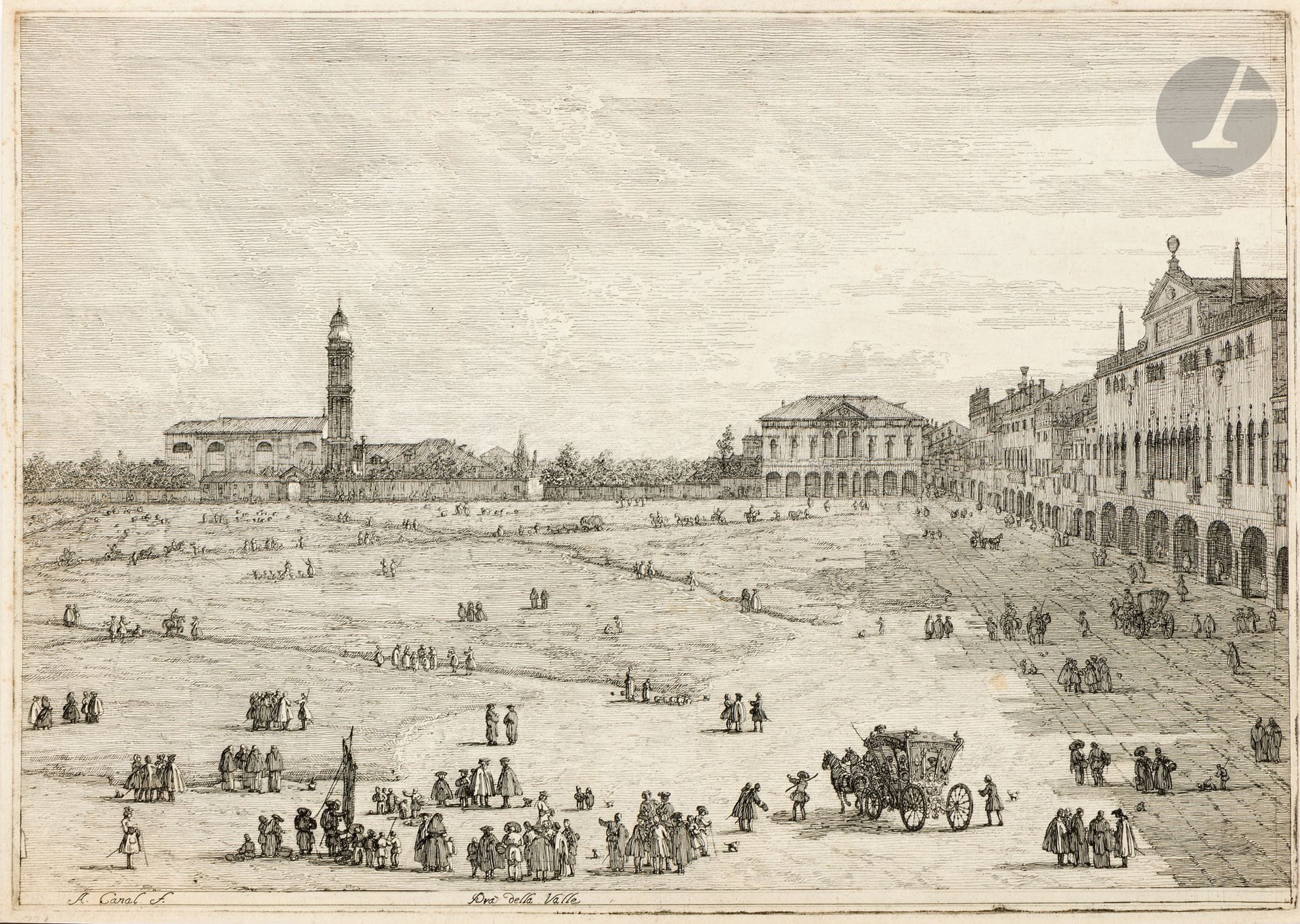 Canaletto (Giovanni Antonio Canal, dit) (1697-1768)
Prà della Valle, à Padoue. Vers 1736-1740. Eau-forte. 430 x 298. De Vesme 7 ; Bromberg 8. Très belle épreuve sur vergé fort ivoire, du 1er état (sur 2), avant le numéro « E3 ». Quelques rousseurs. Traces de colle en tête du feuillet au verso. Marges étroites. Ex-coll. Dr Julius Hofmann (Lugt 1264) ; H. Delacroix (Lugt 3604).