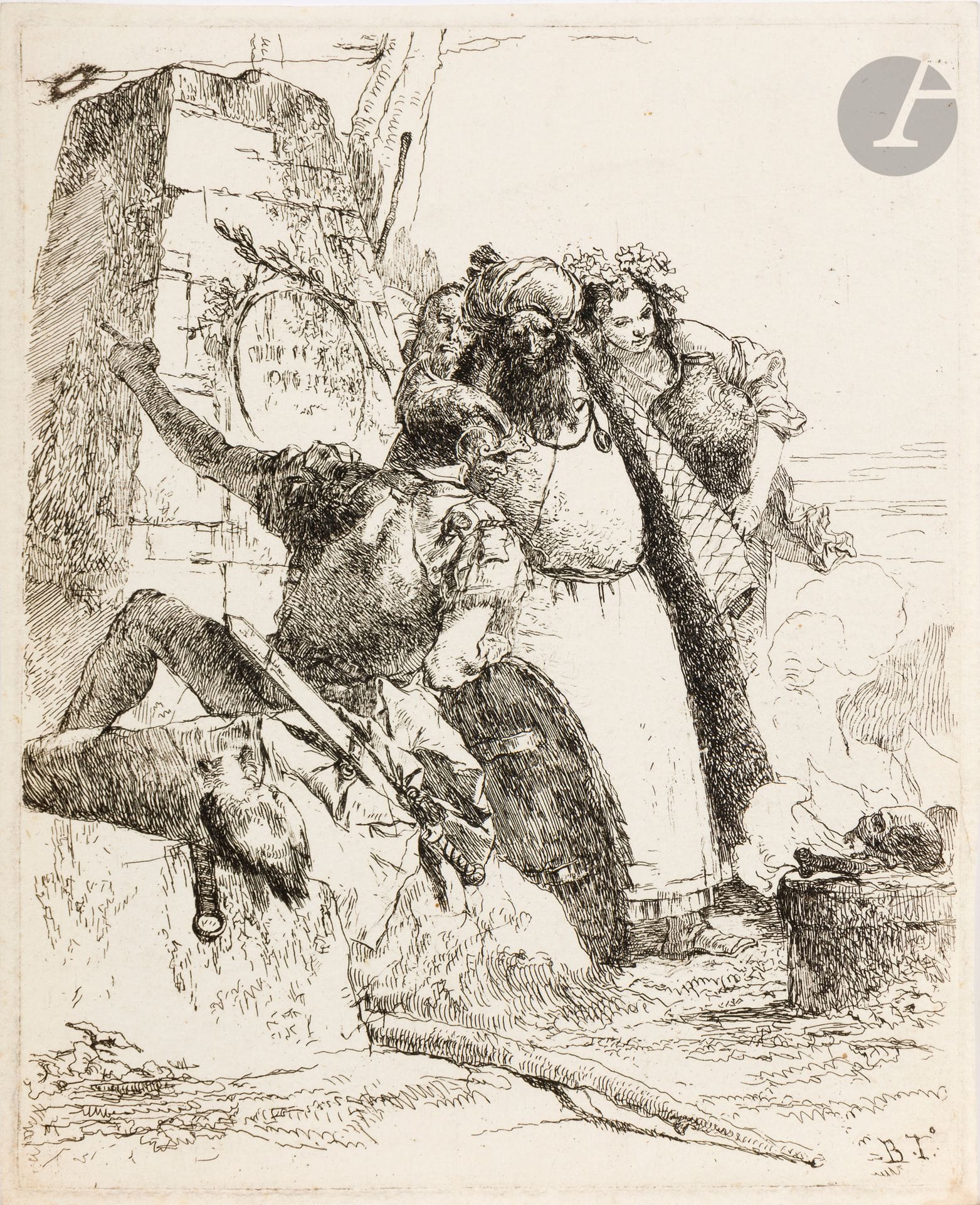 Giovanni Battista Tiepolo (1696-1770)
Un magicien, un soldat et trois personnages regardant un crâne se consumer. (Scherzi, pl. 7). Eau-forte. 177 x 220. De Vesme 19 ; Rizzi (1971) 10 (i/ii). Très belle épreuve sur vergé crème fort, avant le numéro 7 en haut à droite. Petites traces de colle dans les angles au verso ainsi que fragment d’inscription ancienne à la plume et à l’encre sépia dans l’angle supérieur gauche. Traces de plis souples dans le tiers supérieur du feuillet. Marges étroites (2-3 mm).