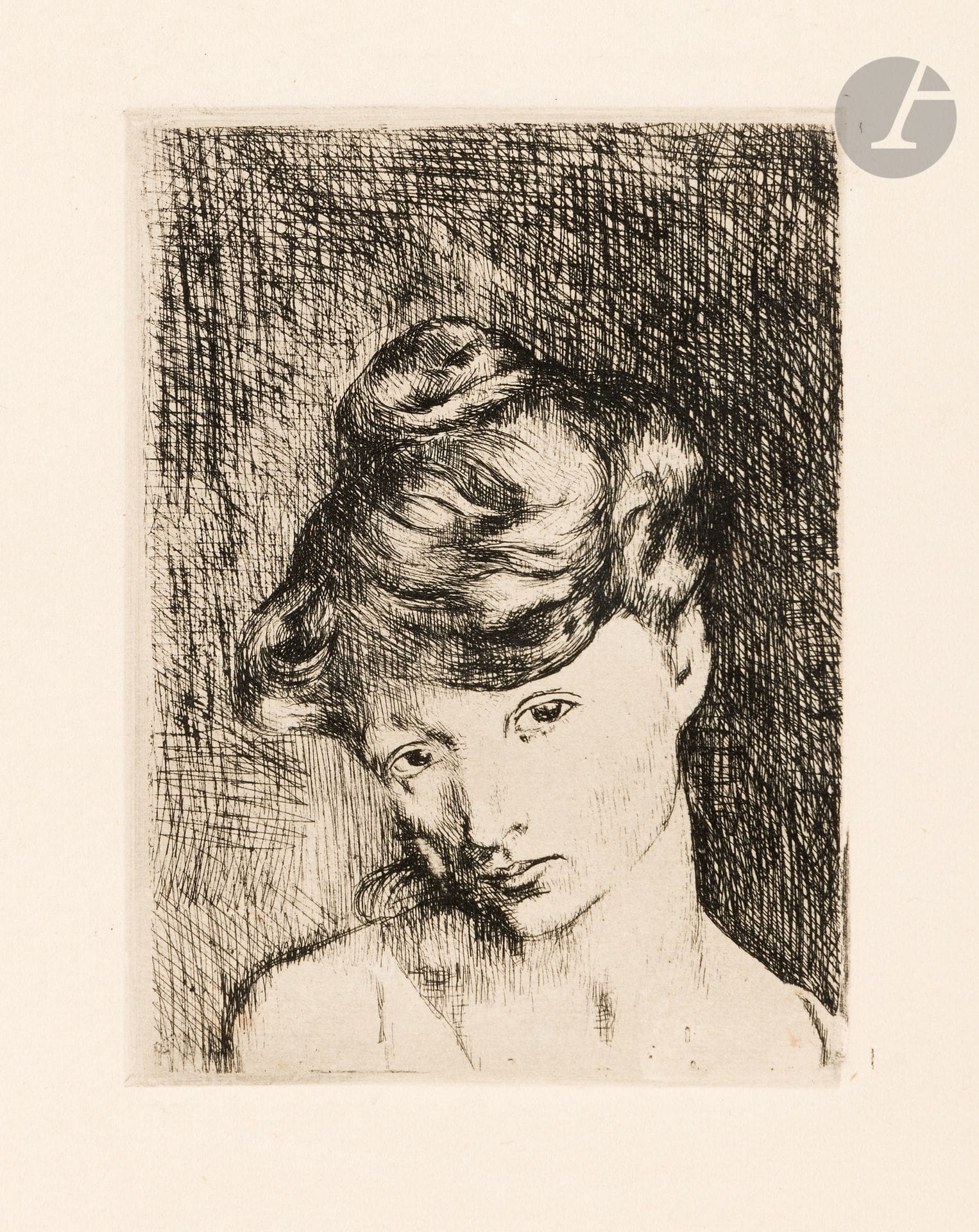 Pablo Picasso (1881-1973)
Tête de femme : Madeleine. (Pl. des Saltimbanques). 1905. Eau-forte. 85 x 118 [330 x 510]. Bloch 2 ; Geiser-Baer 3 b 2. Très belle épreuve sur vélin fort ivoire filigrané « van gelder zonen », du tirage à 250 épreuves effectué pour Ambroise Vollard en 1913. Infimes rousseurs ou menues salissures. Un point de rouille en marge droite. Toutes marges non ébarbées.