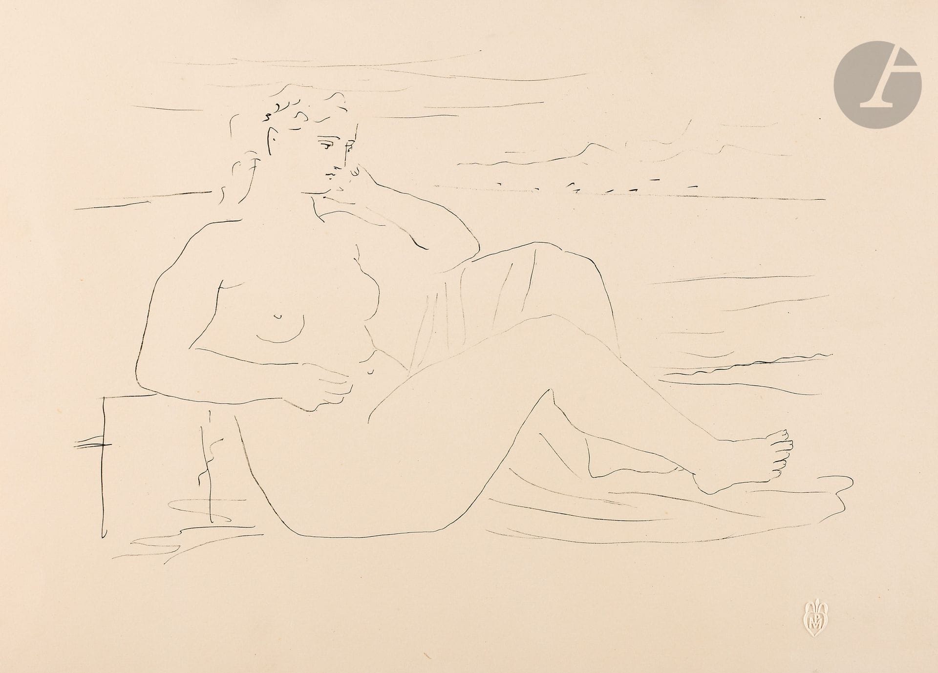 Pablo Picasso (1881-1973)
Femme au bord de la mer. 1924. Lithographie à la plume. 305 x 205. Geiser-Baer 237 a ; Bloch 67 ; Mourlot XVII ; Güse-Rau 17. Très belle et fraîche épreuve d’essai sur vélin fort ivoire, à part du tirage à 50 épreuves. Toutes marges non ébarbées [382 x 280]. Timbre sec : H. M. Petiet (Lugt 5462).