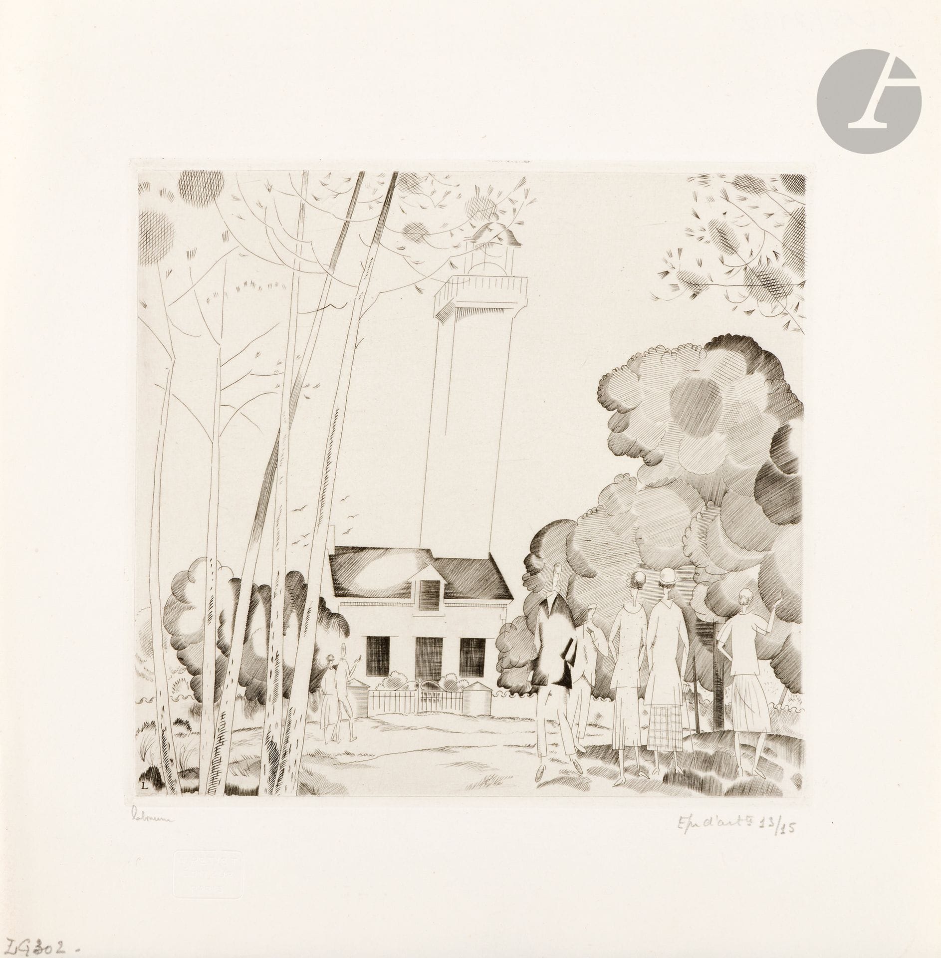 Jean-Émile Laboureur (1877-1943)
La Promenade au phare. 1925. Burin. 180 x 168. Laboureur 302. Très belle épreuve sur vélin blanc mince, signée par l’artiste puis justifiée par l’éditeur. Courte trace de pli le long du bord gauche. Toutes marges non ébarbées. Tirage définitif à 70 épreuves. Timbre sec : H. Petiet éditeur (Lugt 2021a).