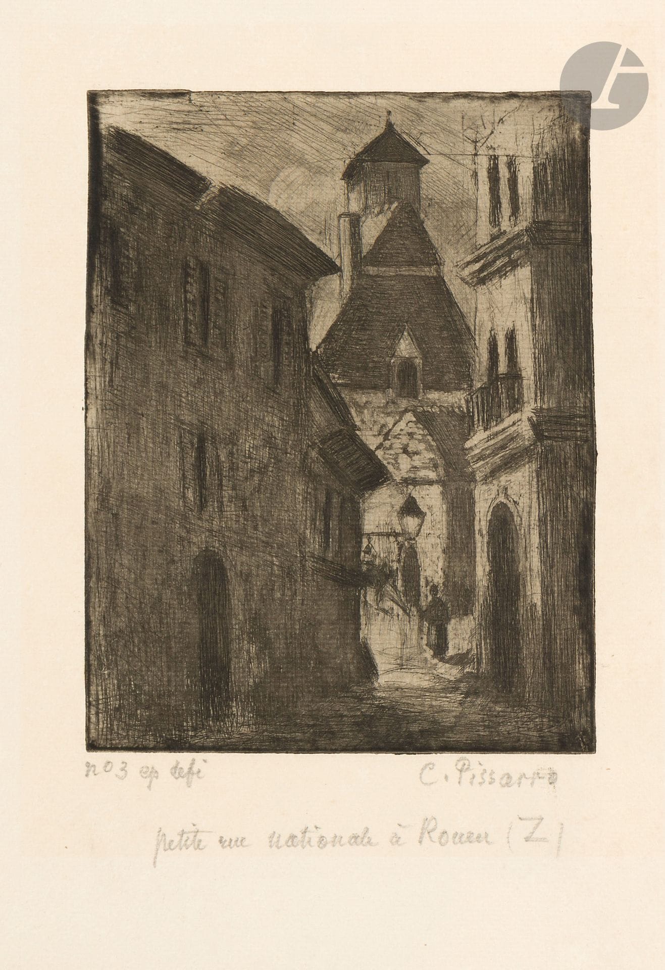Camille Pissarro (1830-1903)
Petite rue Nationale, à Rouen. 1896. Eau-forte et pointe sèche sur zinc. 129 x 166. Delteil 122. Très belle épreuve sur vergé ivoire, annotée « n° 3 ep défi. », signée, puis titrée et annotée « (Z) » (pour zinc). Rousseurs claires. Très claire trace d’oxydation autour du sujet. Traces de colle au bord gauche au verso. Toutes marges. 

On connaît 8 ou 9 épreuves tirées du vivant de l’artiste, avant le tirage posthume à 13 épreuves.
